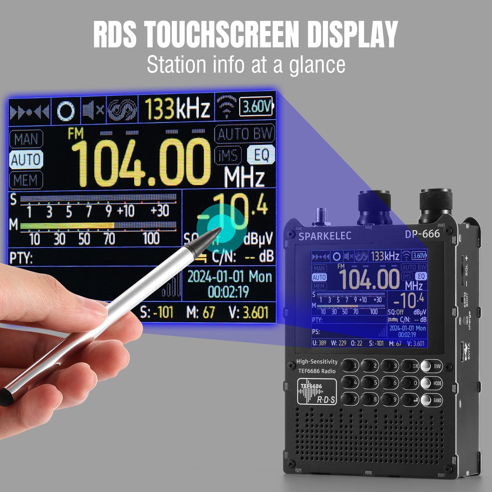 Raddy DP-666 Radio DSP Banda Completa Chip TEF6686, Receptor Profesional Am/FM/LW/MW/SW RDS, Pantalla Táctil 2,8" con Stylus, Batería 5000mAh, Antena Telescópica y Donut, Portátil Actualizable
