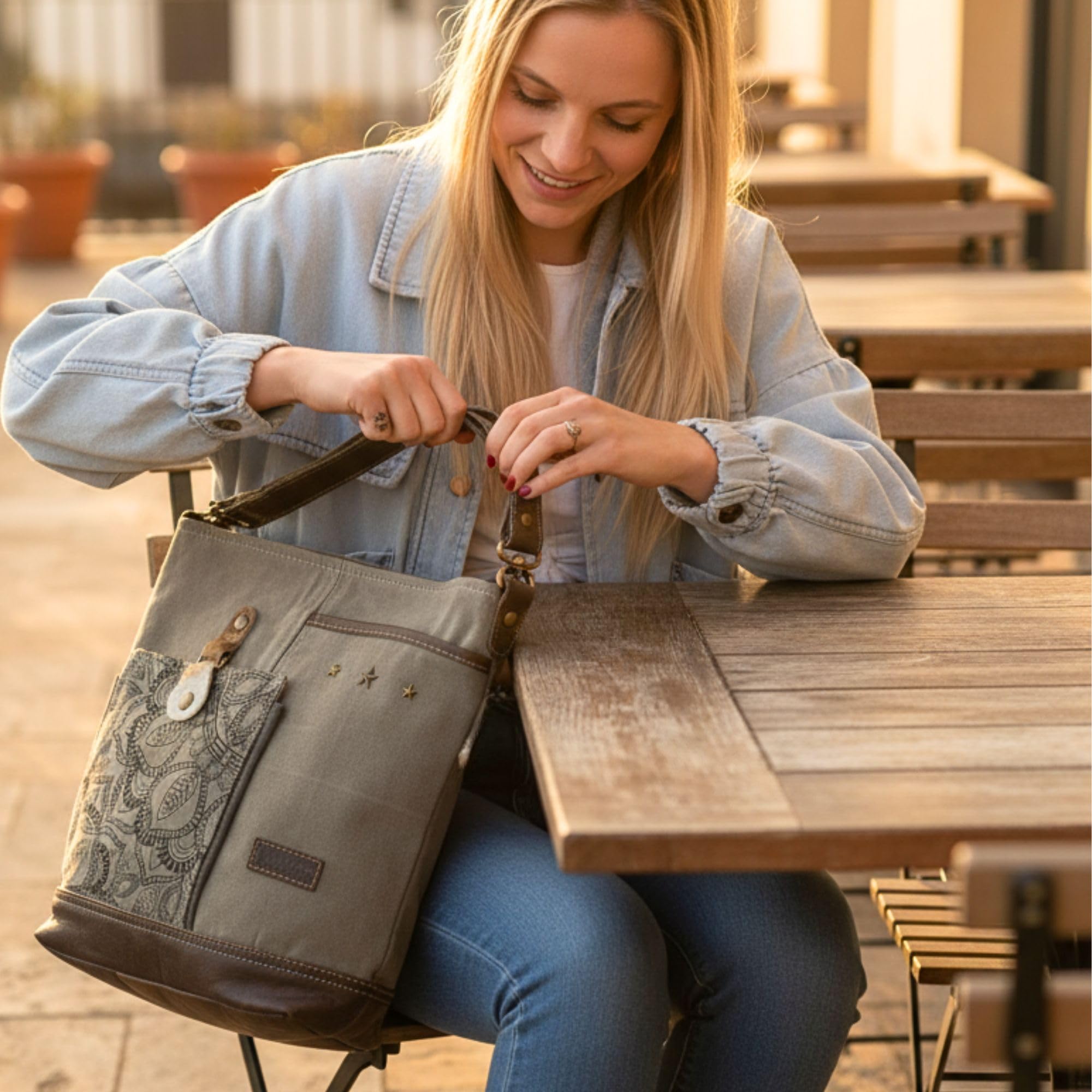 Sunsa Umhängetasche Damen groß Handtasche mit vielen Fächern Tasche aus Canvas & Leder. Vintage Tasche in Kahkigrün. Mandala Design Schultertasche Shopper Arbeitstasche Frauen Crossbody Damentasche
