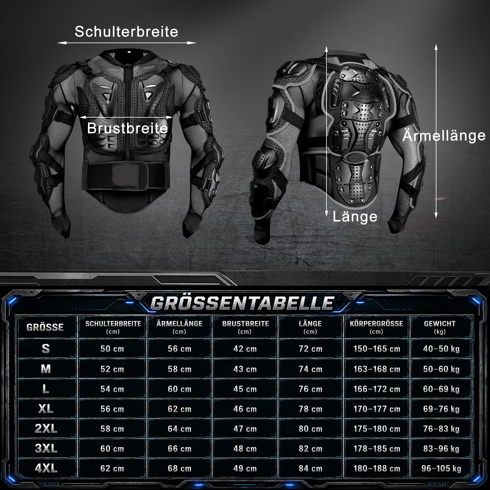 Motorrad Protektorenjacke Schutz Jacke Pro Motocross Protektorenweste mit Rückenprotektor Scooter MTB Enduro Motorradjacke für Damen und Herren