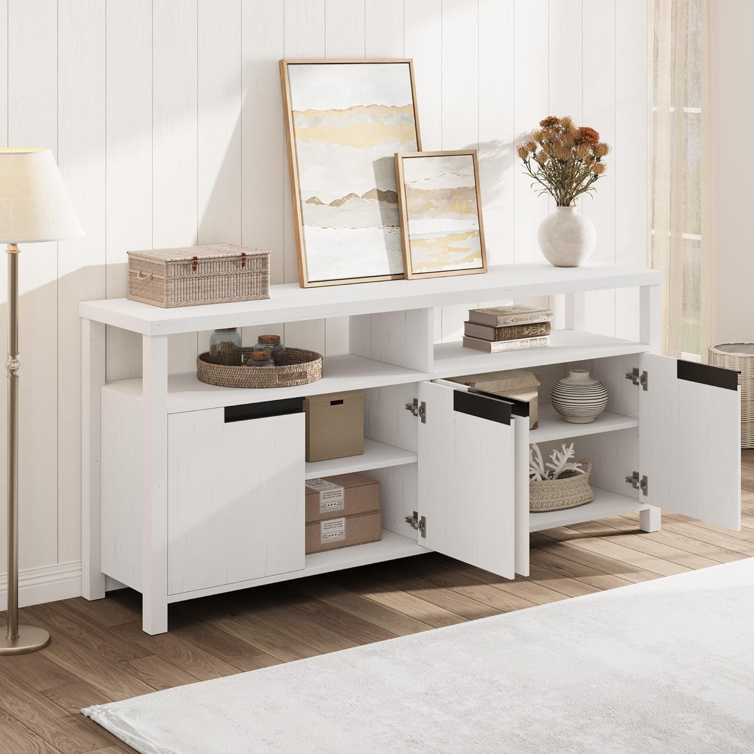 GarveeHome 63" Farmhouse TV Stand for Tv Up to 65 Inches, Long Entertainment Center with 4 Door & Open Shelf, Television Consoles Stands for Living Room, Bedroom