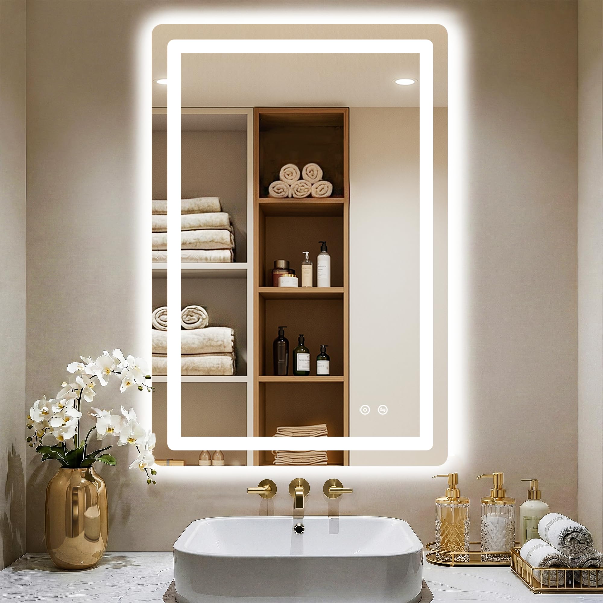 led bathroom mirror, 36"x24" bathroom vanity mirror with lights for wall, smart anti-fog, stepless dimmable with 3 color mode, backlit + front lit, memory function, etl listed