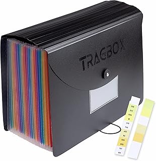 Tragbox File Organiser Box 24 Pockets Document Organiser, Expanding File Folder Organiser, Files and Folders for Paperwork A4 with Lid and Colour Labels Box Folder & Accordion Filing Folders