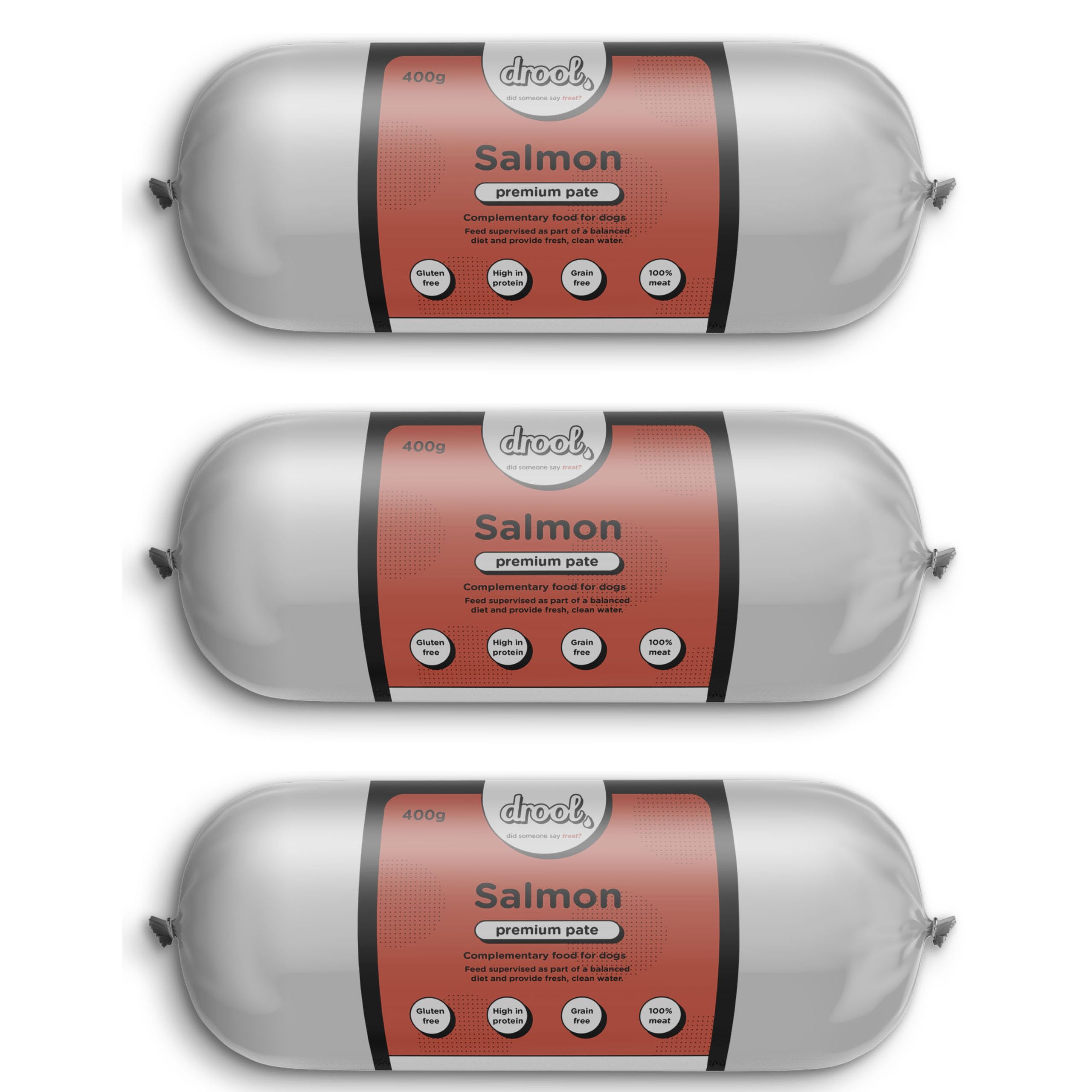 Drool Pet Products | Premium 3 x Salmon Dog Pate Tube Roll | Grain-Free High Protein Dog Food | Triple Pack 3 x 400g