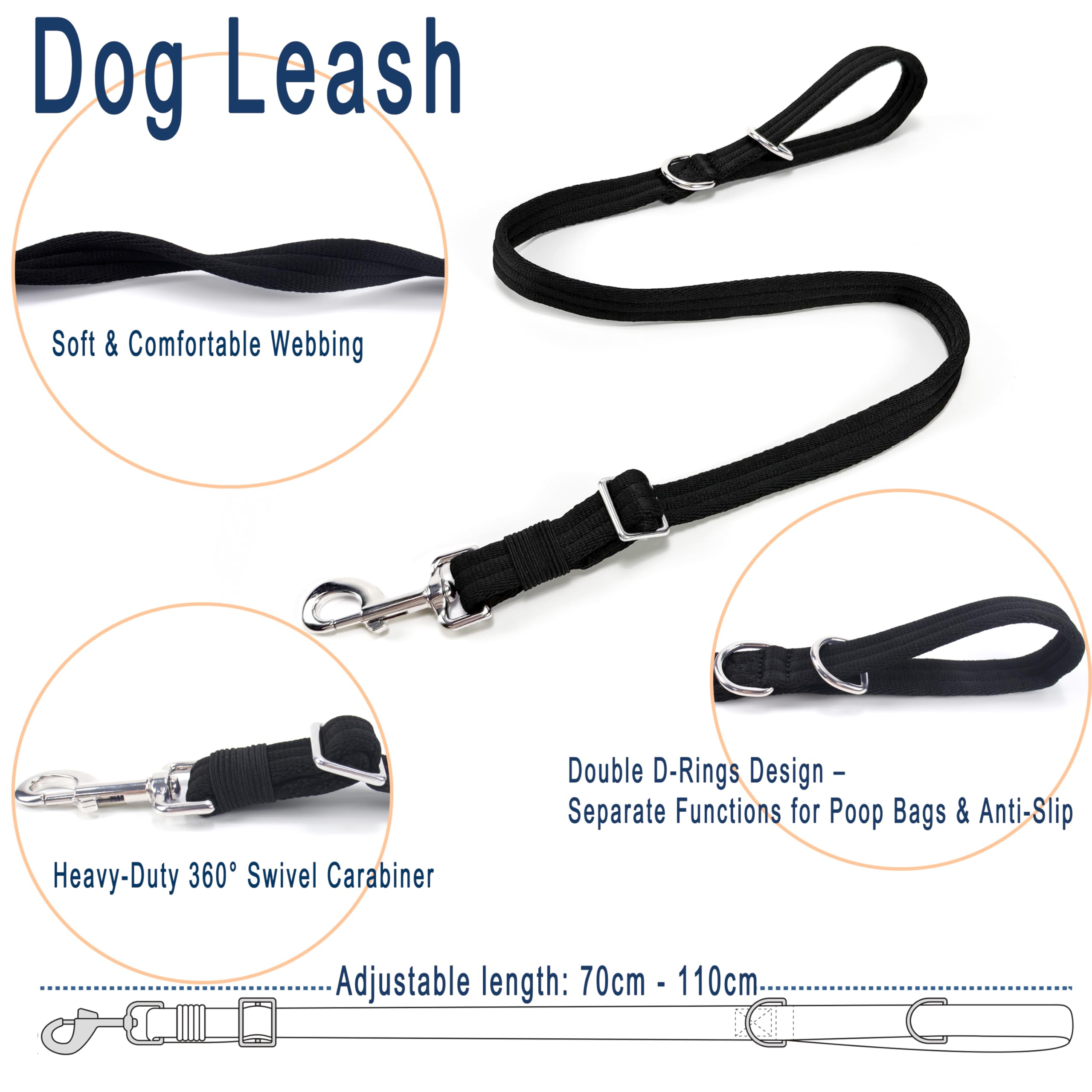 Dog Leash for Obedience Training and Easy to Use, Lightweight, Soft & Durable Adjustable and Easy to Clean for Small Medium Large Dog (Black, 0.7M-1M*2.5CM) - 3