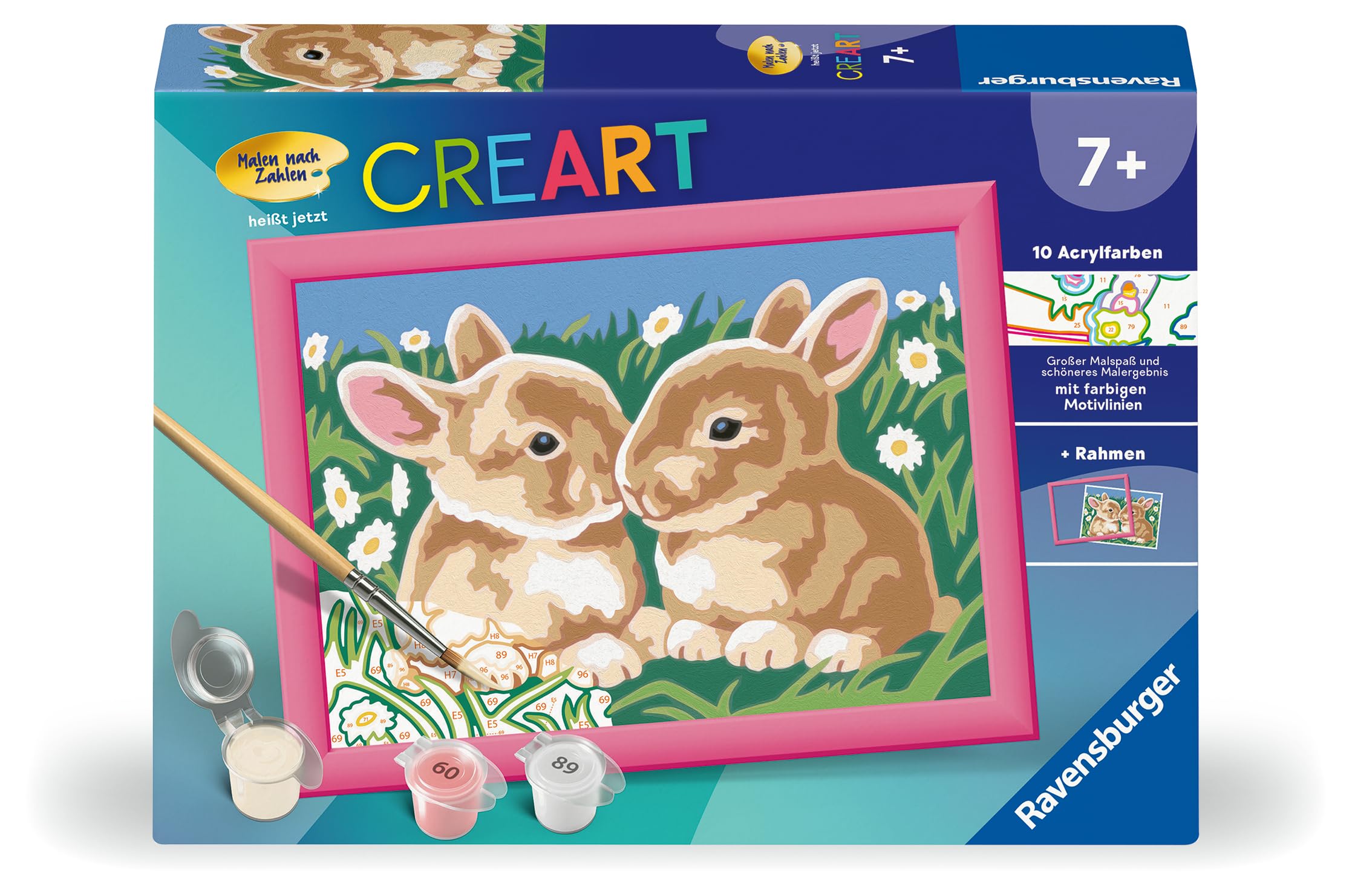 Ravensburger CreArt 27695 - Niedliche Häschen - Malen nach Zahlen Hase für Kinder ab 7 Jahre, Malset mit Rahmen, Pinsel und Acrylfarben, Geschenk für Mädchen und Jungen