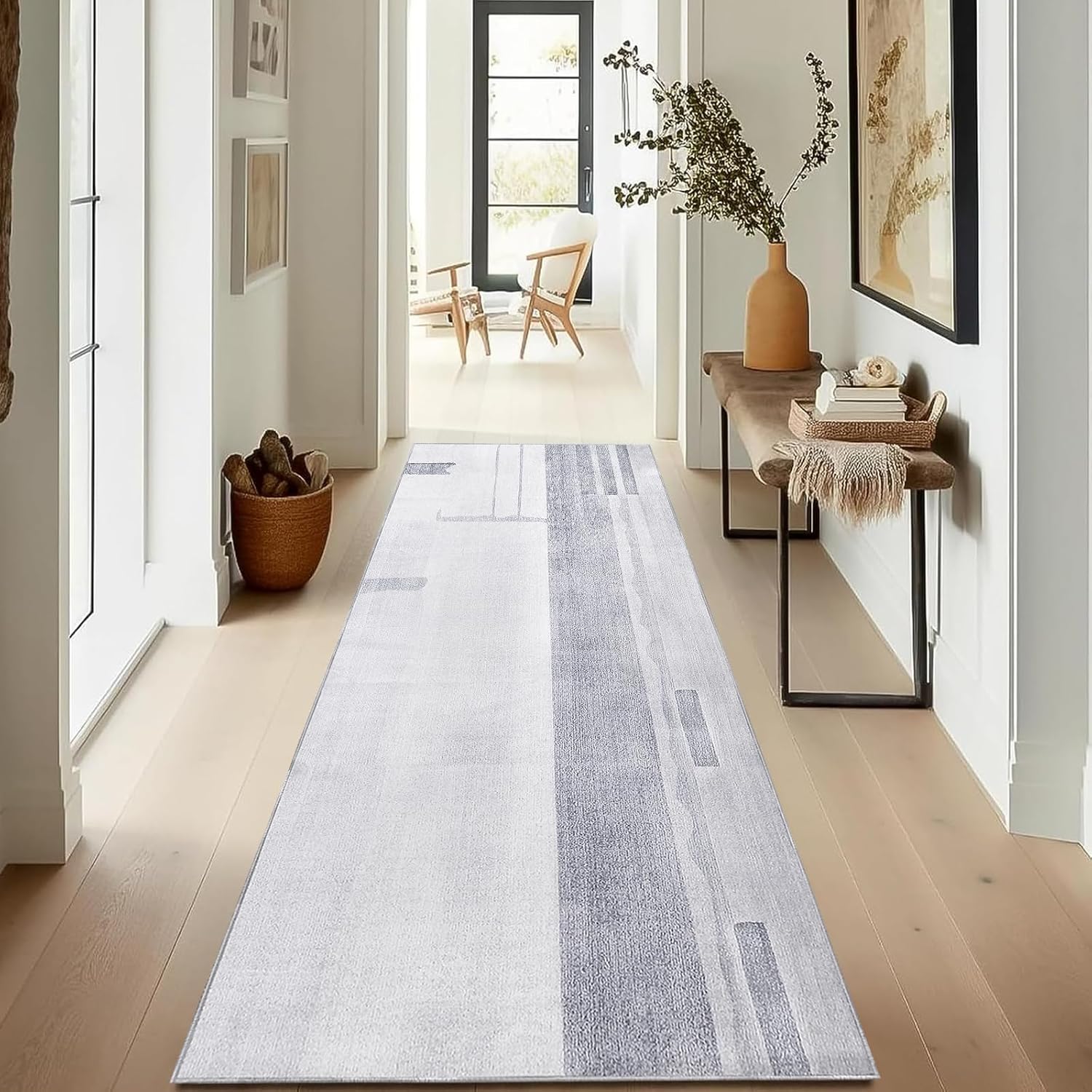 Calore Modern Abstract Runner Rug for Hallways Soft Distressed Geometric Area Rug Indoor Non Slip Carpet for Laundry Room Doorway Bedroom (Grey/Light Blue, 2.6'x 6.6')