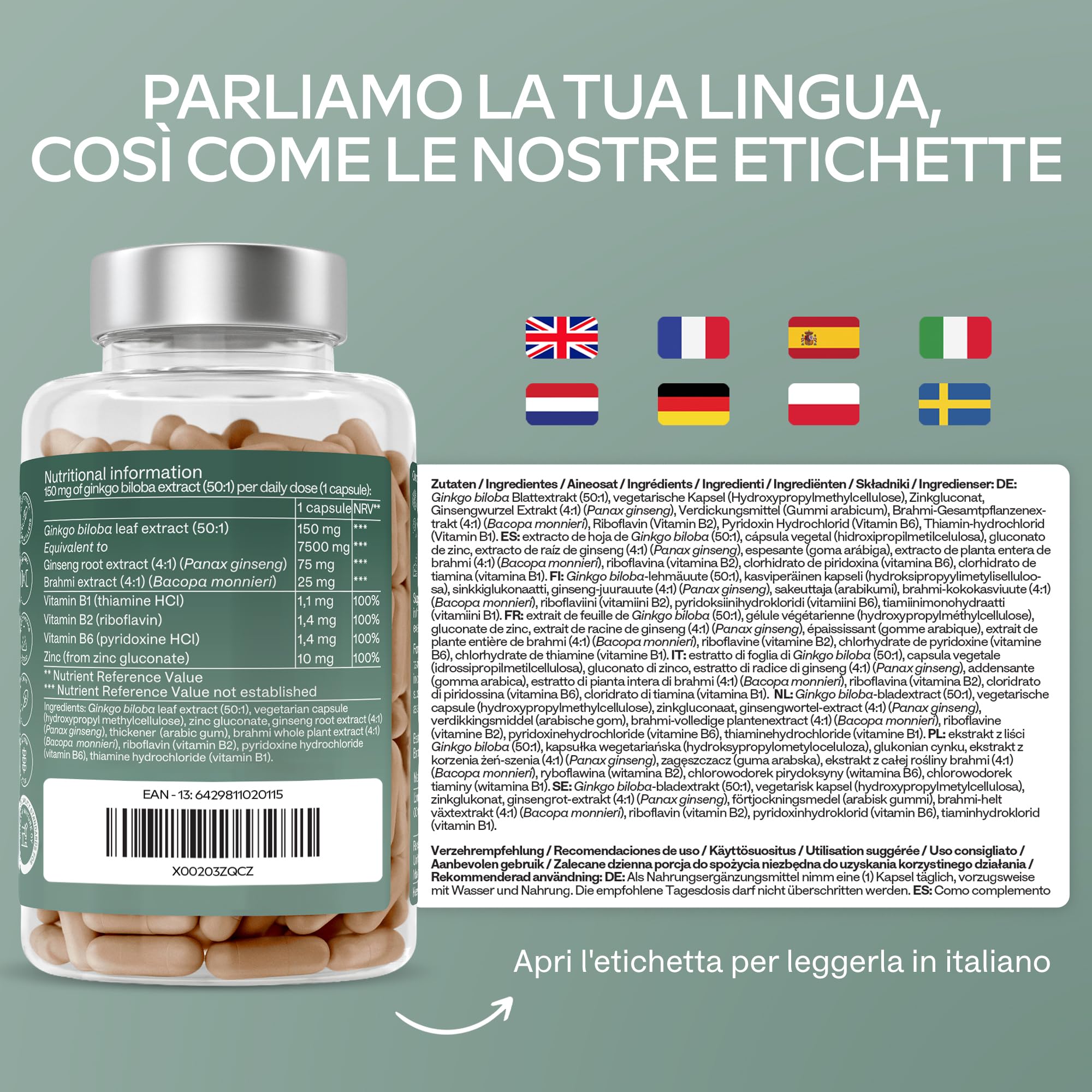 Ginkgo Biloba Integratore 7500mg 50:1 con Ginseng Rosso Coreano, Bacopa Monnieri, Vitamina B Complex, Zinco - Nootropico Integratore Memoria e Concentrazione, Metabolismo, Circolazione - 180 capsule