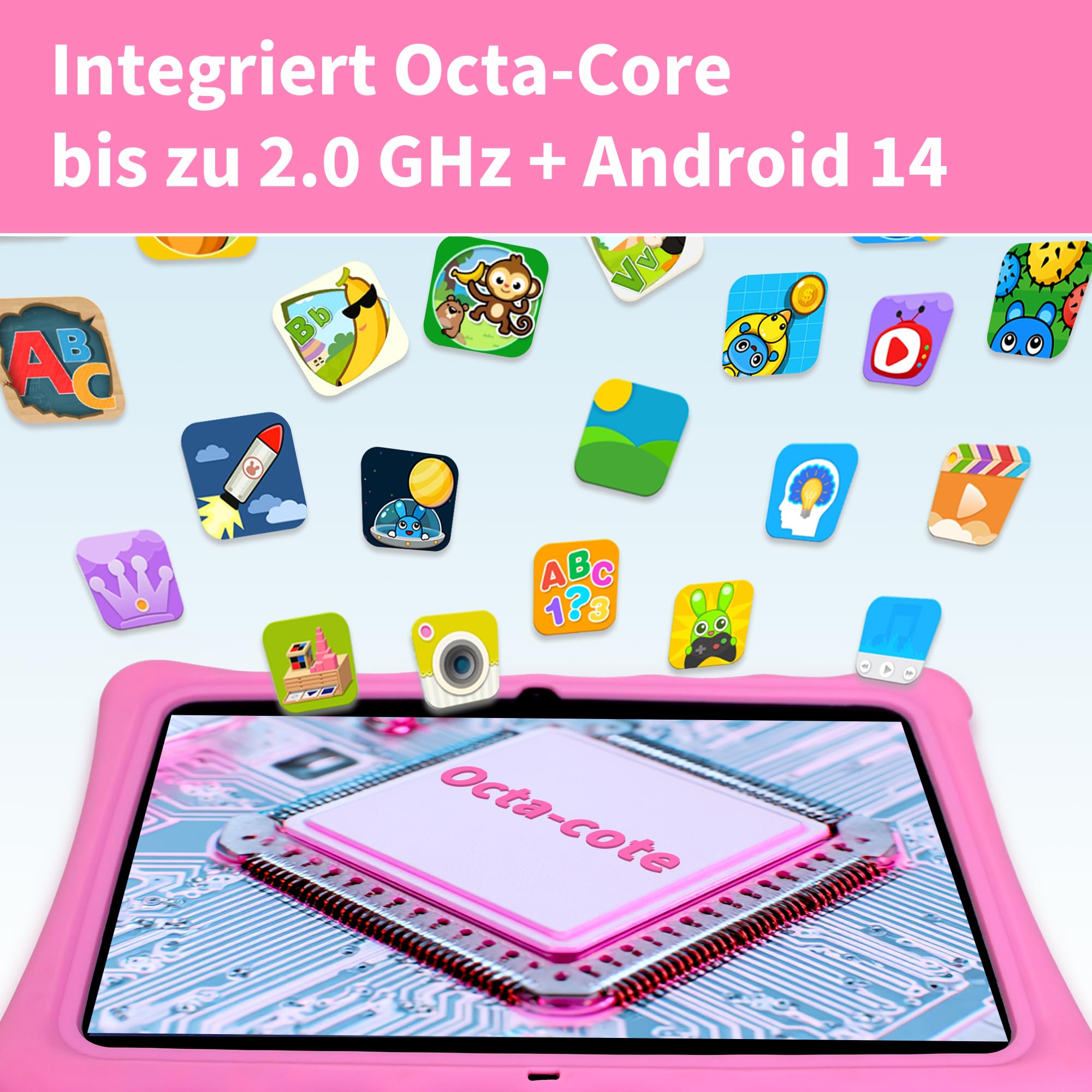 Veidoo Kinder-Tablet – 25,7 cm (10,1 Zoll) IPS-Augenpflege-Bildschirm, 7 GB (3 + 4) RAM, 64 GB ROM 512 GB erweiterbar, Dual-Kamera, WiFi 6, Octa-Core-Kindersicherungs-Tablet mit Silikon-Schutzhülle