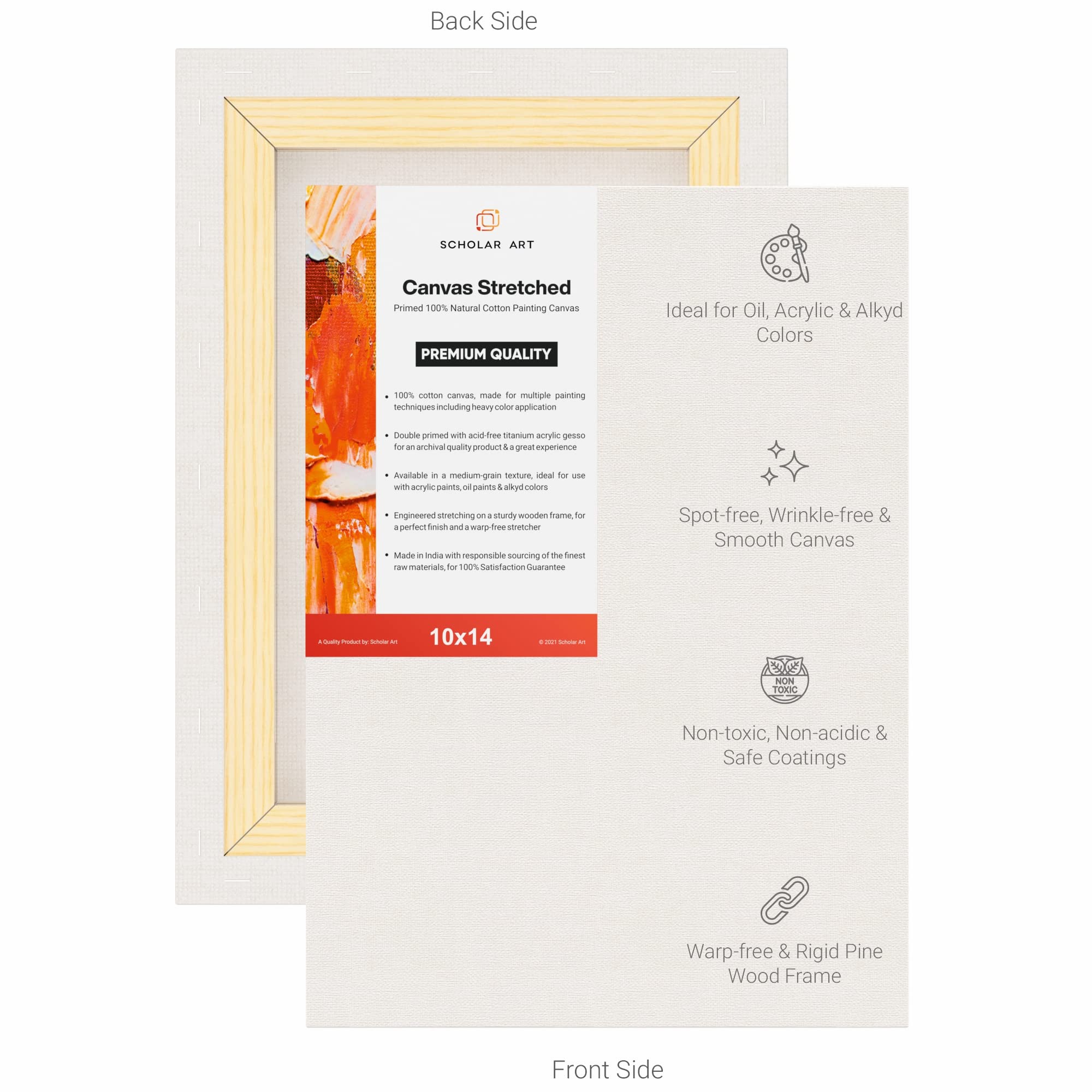 Scholar Art® Artist Standard Series 10 Oz (440 GSM) 100% Cotton Pre-Stretched Canvas with Wooden Frame 18x40 mm | Primed Canvas Stretched for Oil & Acrylic Painting | 10"x14" (25x35 cm), Pack of 2 4