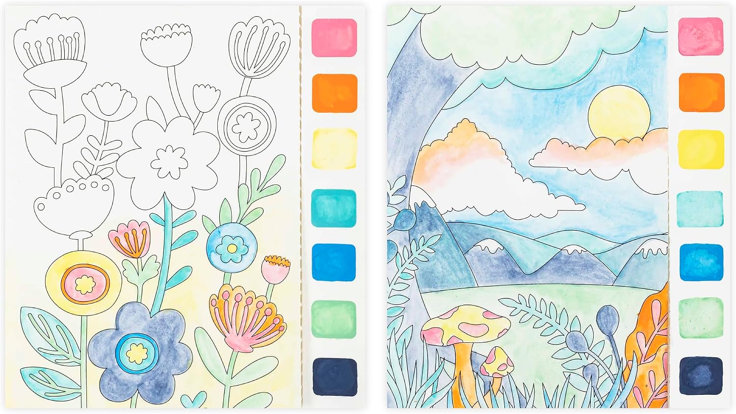 Vivid by Brea Reese: Watercolor Pad Kit - Nature - 8 Landscape & Flower Designs & 4 Blank Sheets, 12 Detachable Paint Palettes, Brush, Art Activity