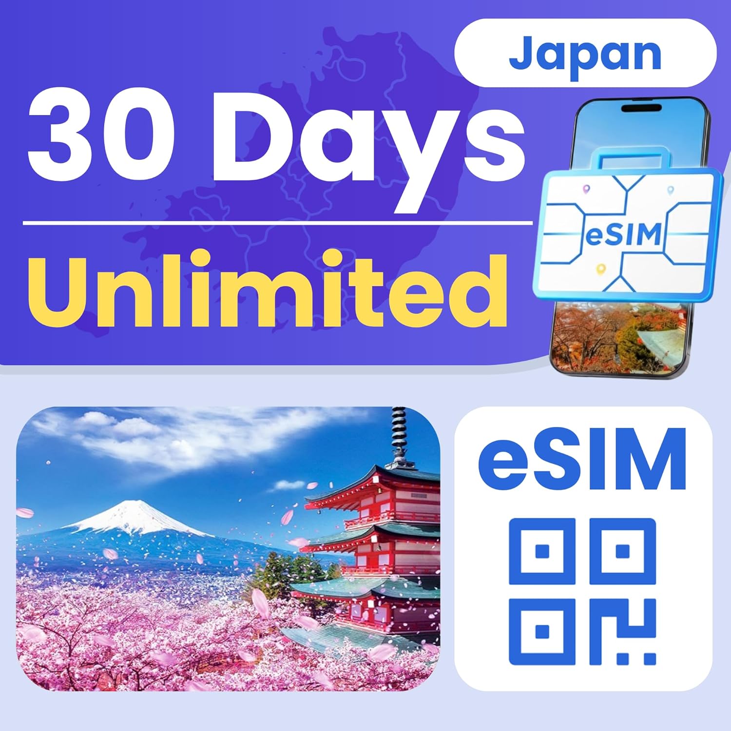 ESIM Cards for International Travel, Japan Prepaid eSIM Unlimited Data, 30-Day Plan, 4G LTE 5G Speed, Hotspot Supported, eSIM with Instant Activation in 10 Minutes
