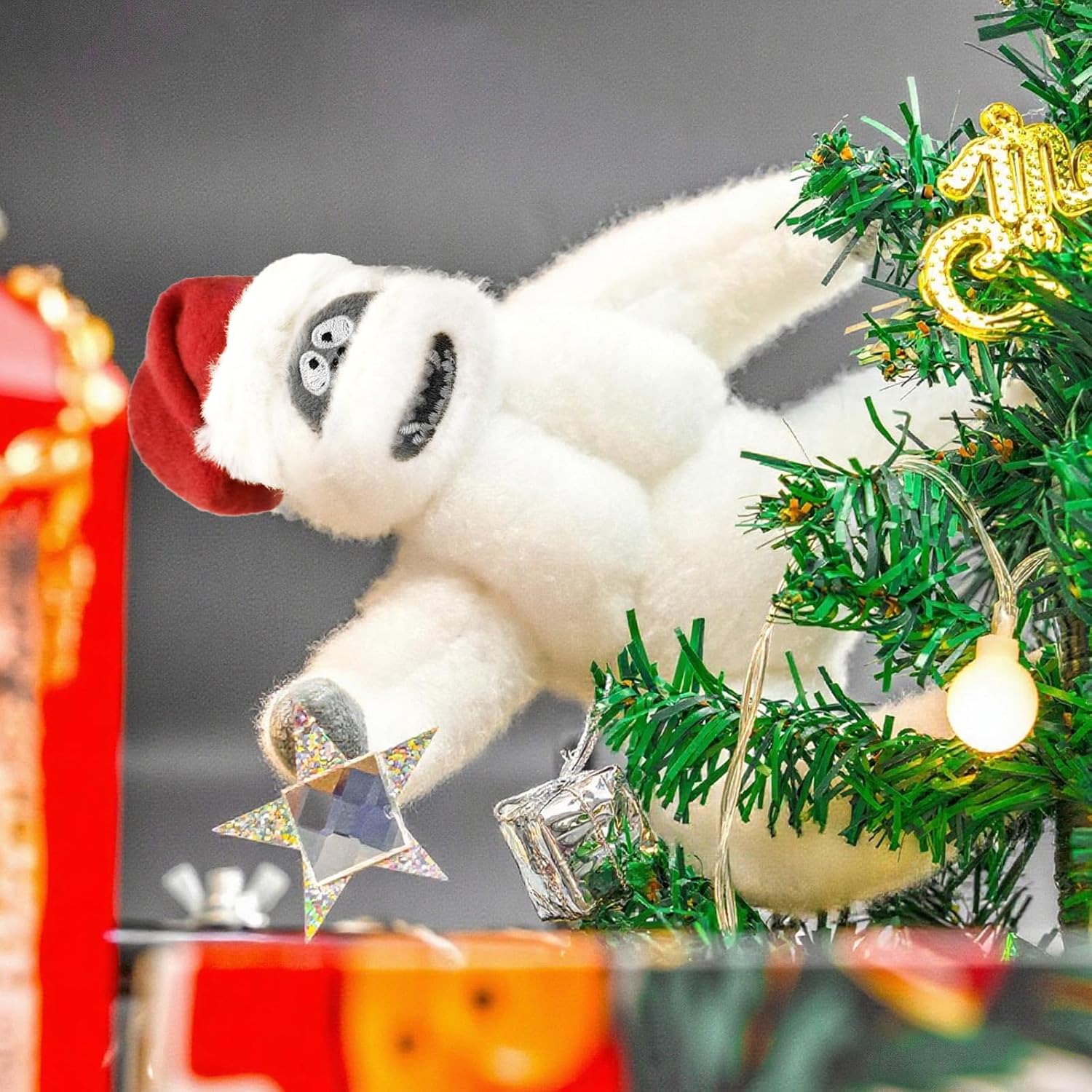 Funny Snowman Christmas Tree Topper, 11 Inch Poseable Handmade Snow Monster Plush Ornament with Hat, Christmas Tree Decoration for Family Indoor (White+Red)