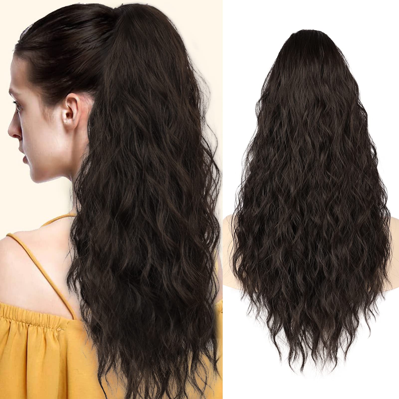 Photo 1 of Drawstring Ponytail Extension - 24 Inch Long Dark Brown Synthetic Curly Wavy Clip in Fake Ponytail for Women Pony Tails Hair Extension Hairpiece for Daily Use 24 Inch Dark Brown