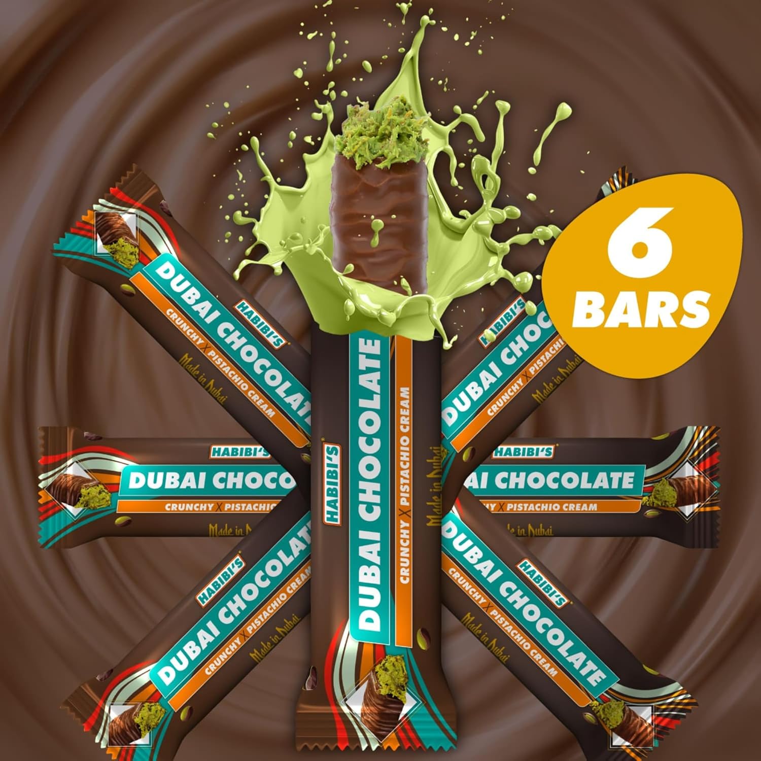 Habibi’s - Dubai Chocolate Bar | Authentic Middle Eastern Dessert | Gourmet Chocolate Pistachio Treat | Premium Pistachio Cream Filling | Made in Dubai | Halal Certified Dessert (6 Pack)