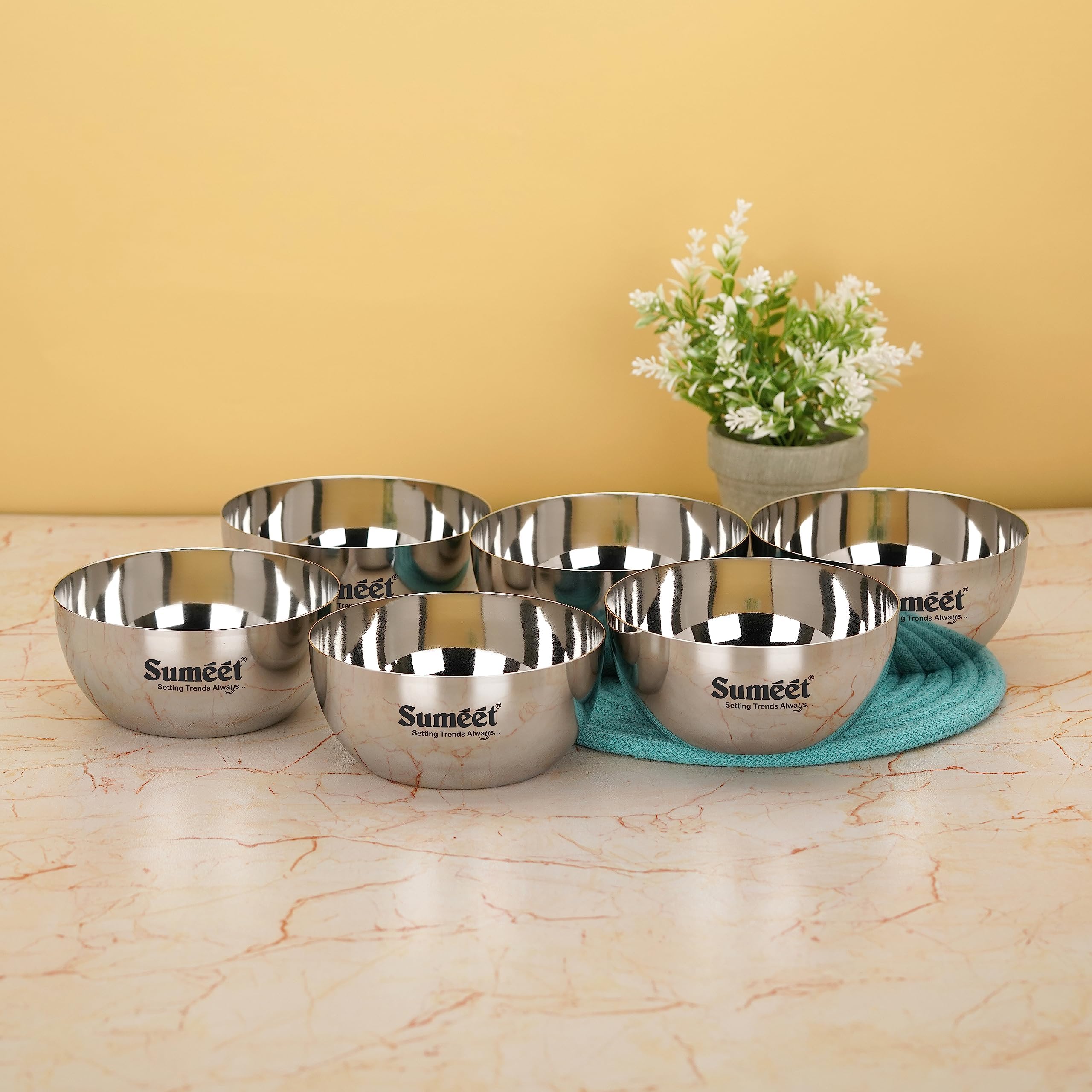 - Sumeet Heavy Gauge Stainless Steel Big Size Apple Bowl/Wati/Katori with Mirror Finish – 12.2cm Dia, set of 6pc, 550ML Each, Silver