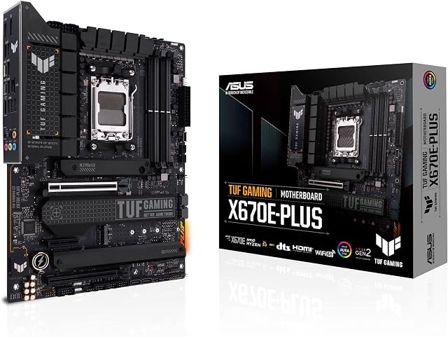SUS TUF GAMING X670E-PLUS AMD Ryzen AM5 ATX motherboard, 16 power stages, PCIe® 5.0, DDR5 memory, four M.2 slots, 2.5 Gb Ethernet, USB4 header and Aura Sync