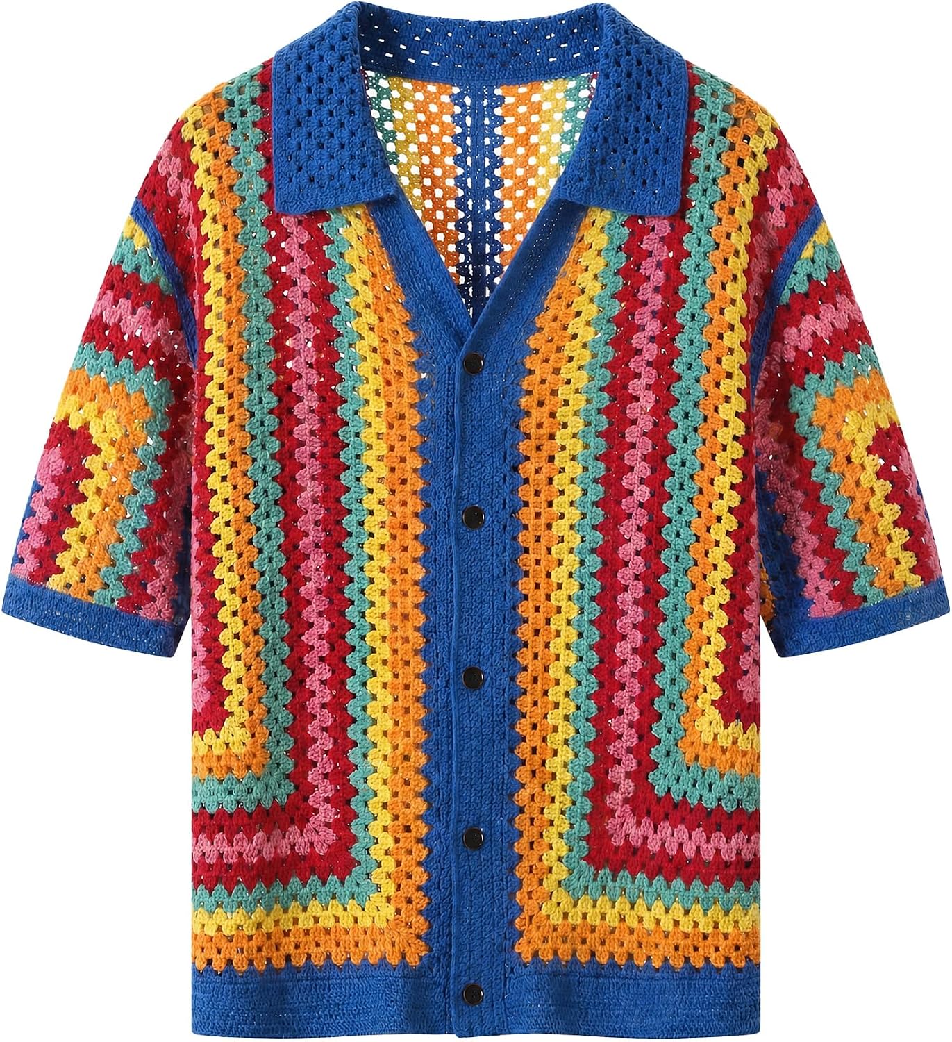 Men's Button Down Shirt, Oversize Crochet Mesh Short Sleeve Streetwear Top