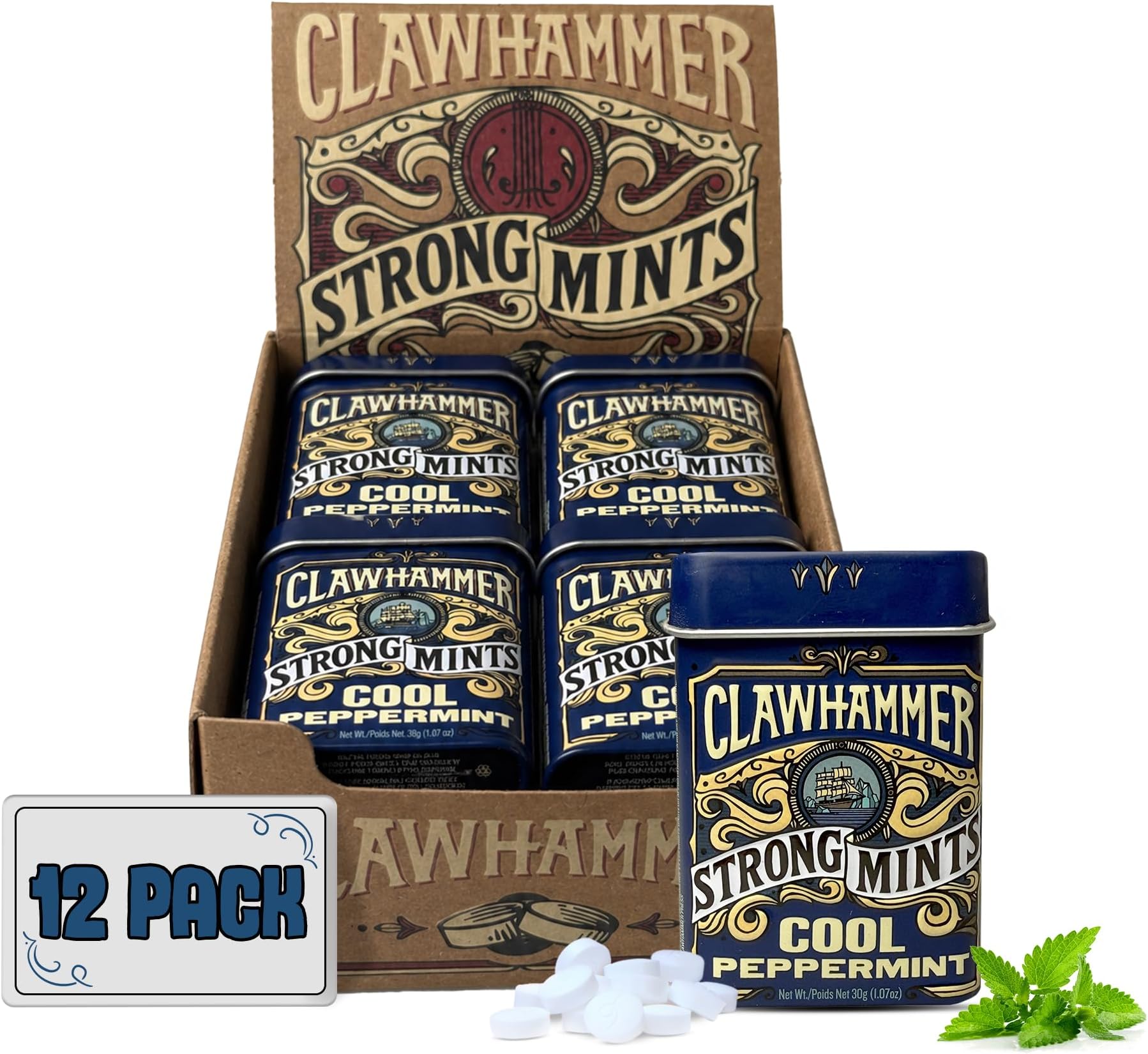 Clawhammer Organic Mints - Naturally Flavored Breath Mints - Intense Breath Freshening Candy Mints - Strong Peppermint, 30 Count Tin (Pack of 12)
