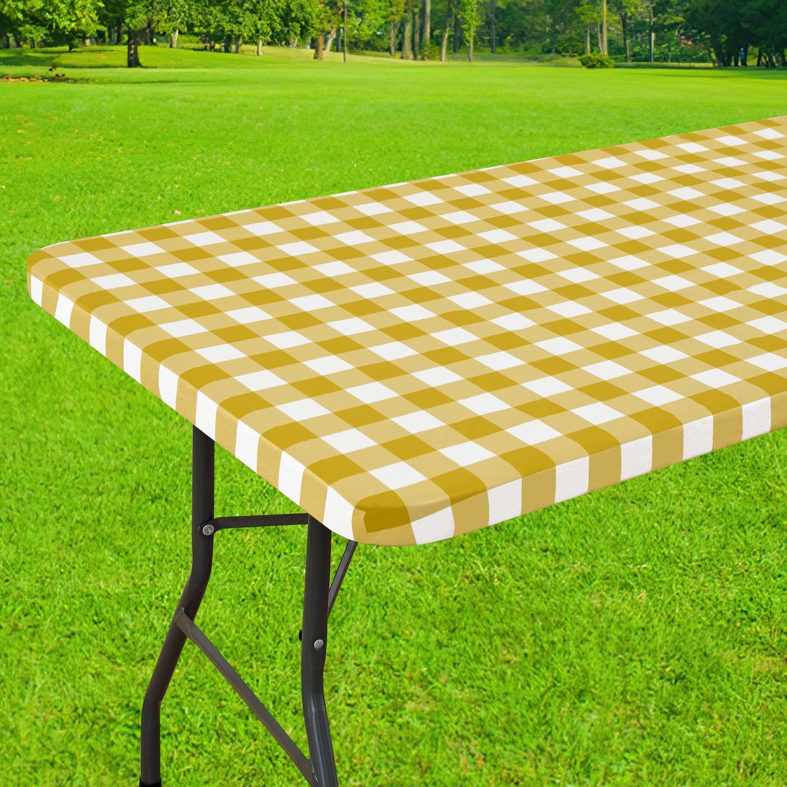 Smiry Rectangle Picnic Table Cloth, Elastic Waterproof Fitted Vinyl Tablecloths, Flannel Backed Buffalo Plaid Table Covers for Dining, Camping, Outdoor (Gold and White, 30" x 60")