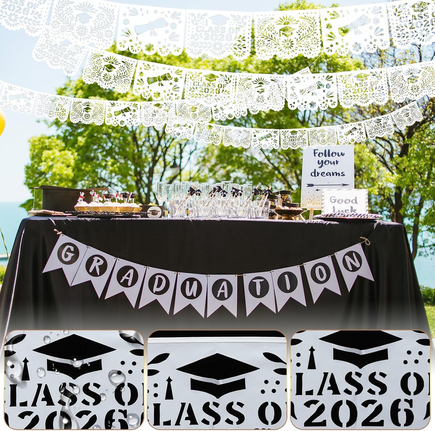 Hahafelt 6 Pack Plastic Mexican Graduation Banner 2026 Grad Papel Picado Party Decoration 118 Feet Black White Grad Cap Congrats Decoration Banner for Middle High Senior Party Supplies