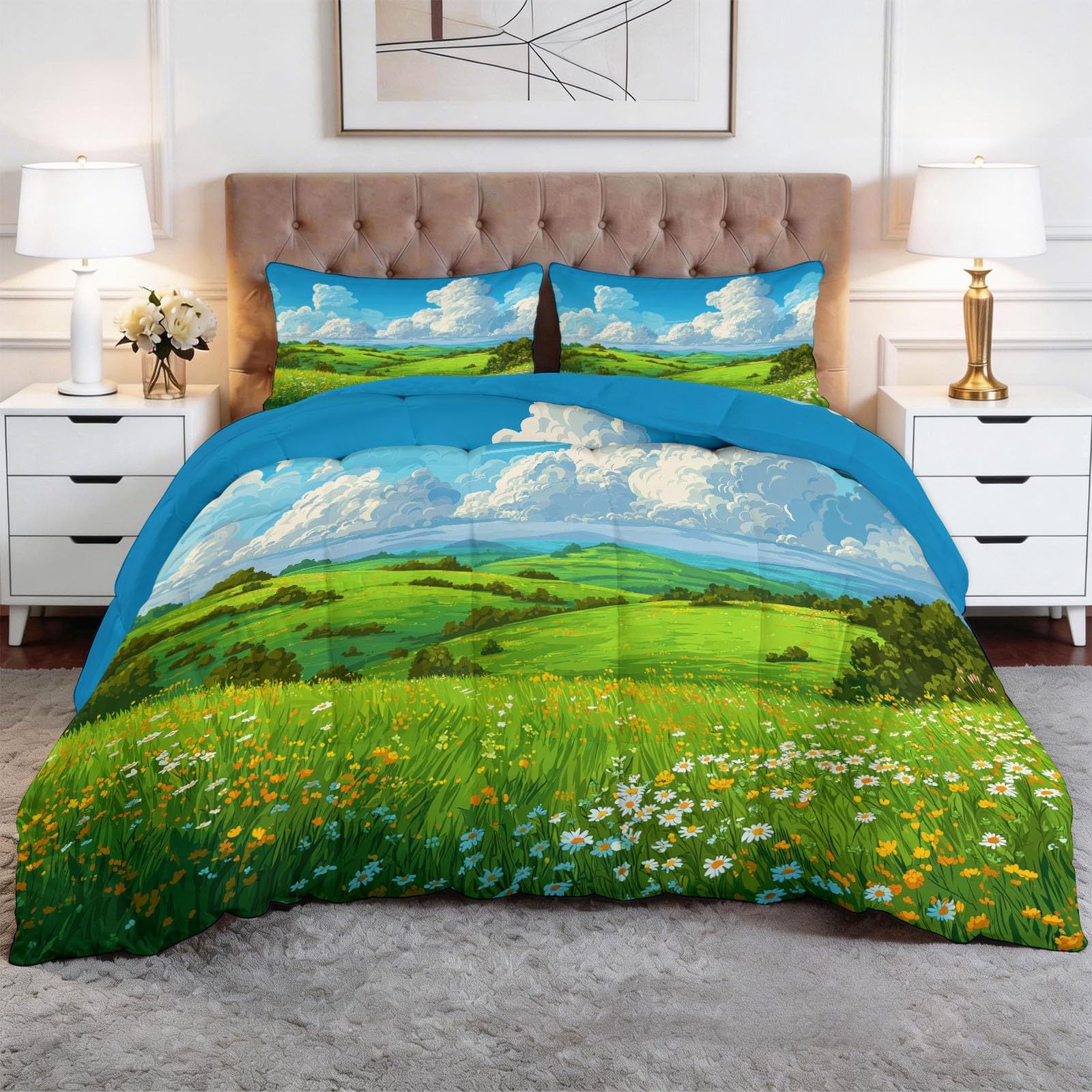 Komplet pościeli z wypełnieniem 220 x 240 cm z kreskówki, wzgórza łączne w jednym, oddychająca i nadająca się do prania mikrofibra Edredón - 3-częściowy zestaw z 2 poszewkami na poduszki, elegancki