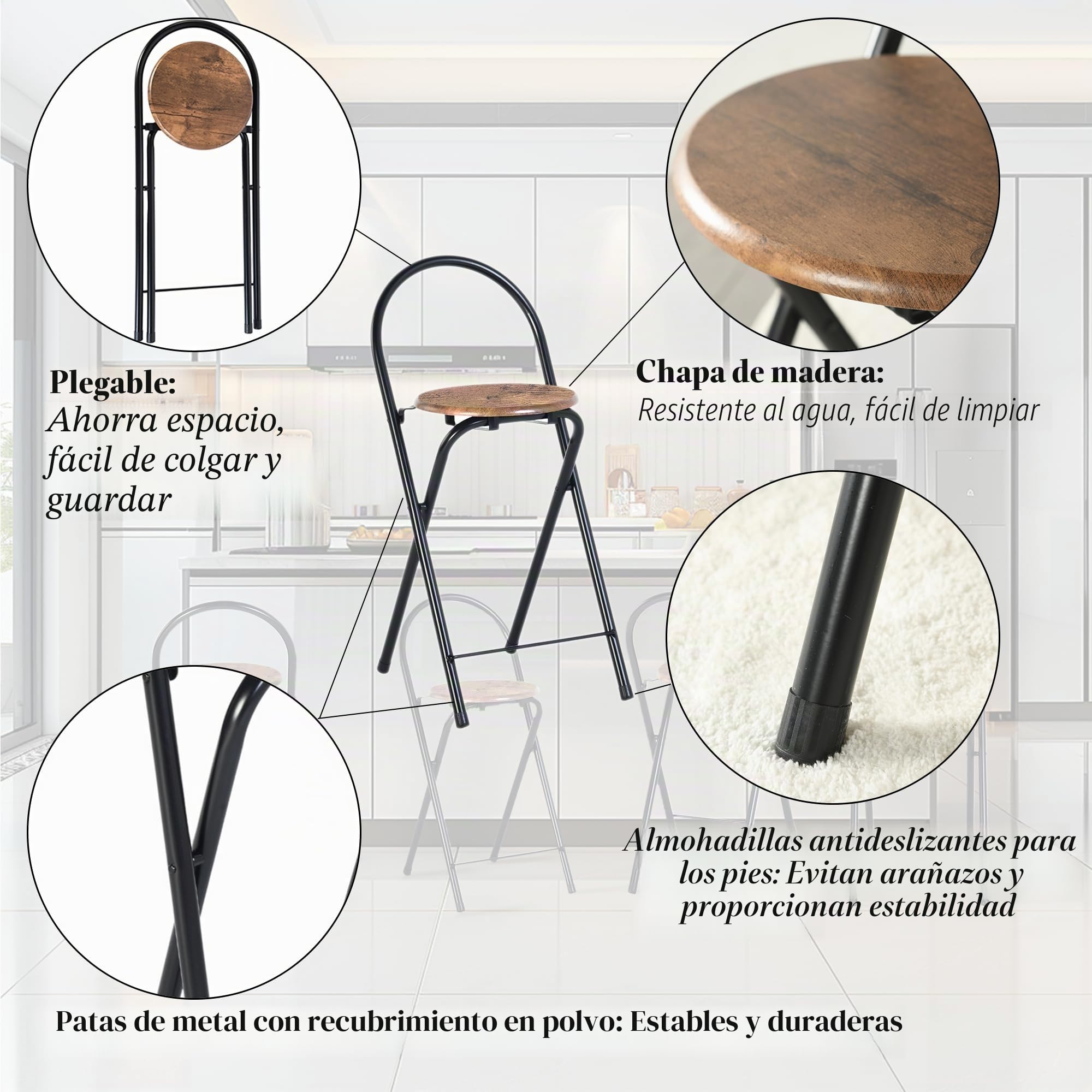 Juego de 2 Taburete Plegable Bar con Respaldo/Marrón/Altura Asiento 55CM