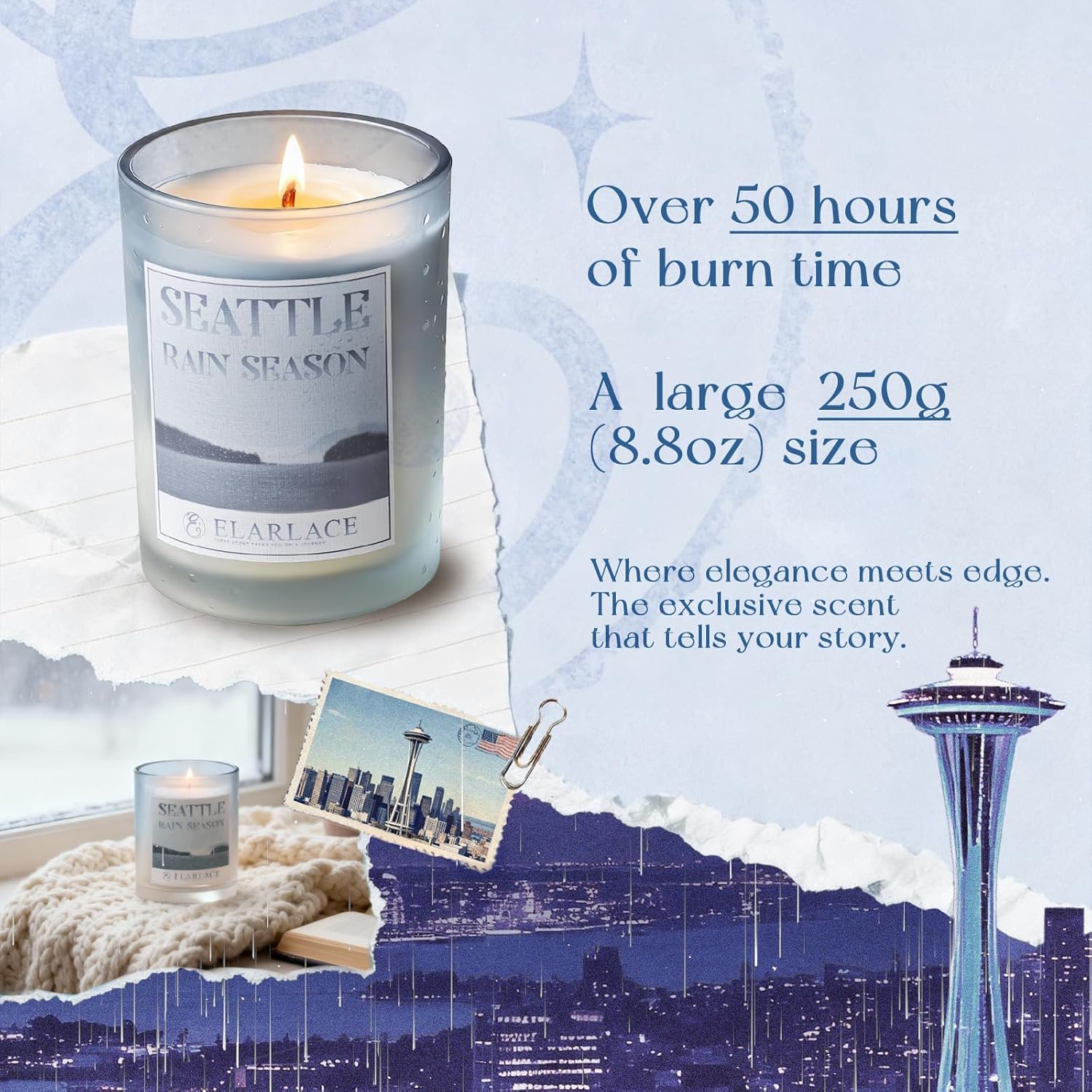 Seattle RAIN Season Scented Candle | 40H Burn Time, 8.8oz Clean-Burning Plant-Based Candle | Tranquil Pacific Northwest Scent | Fall & Holiday Gift for Travel Lovers