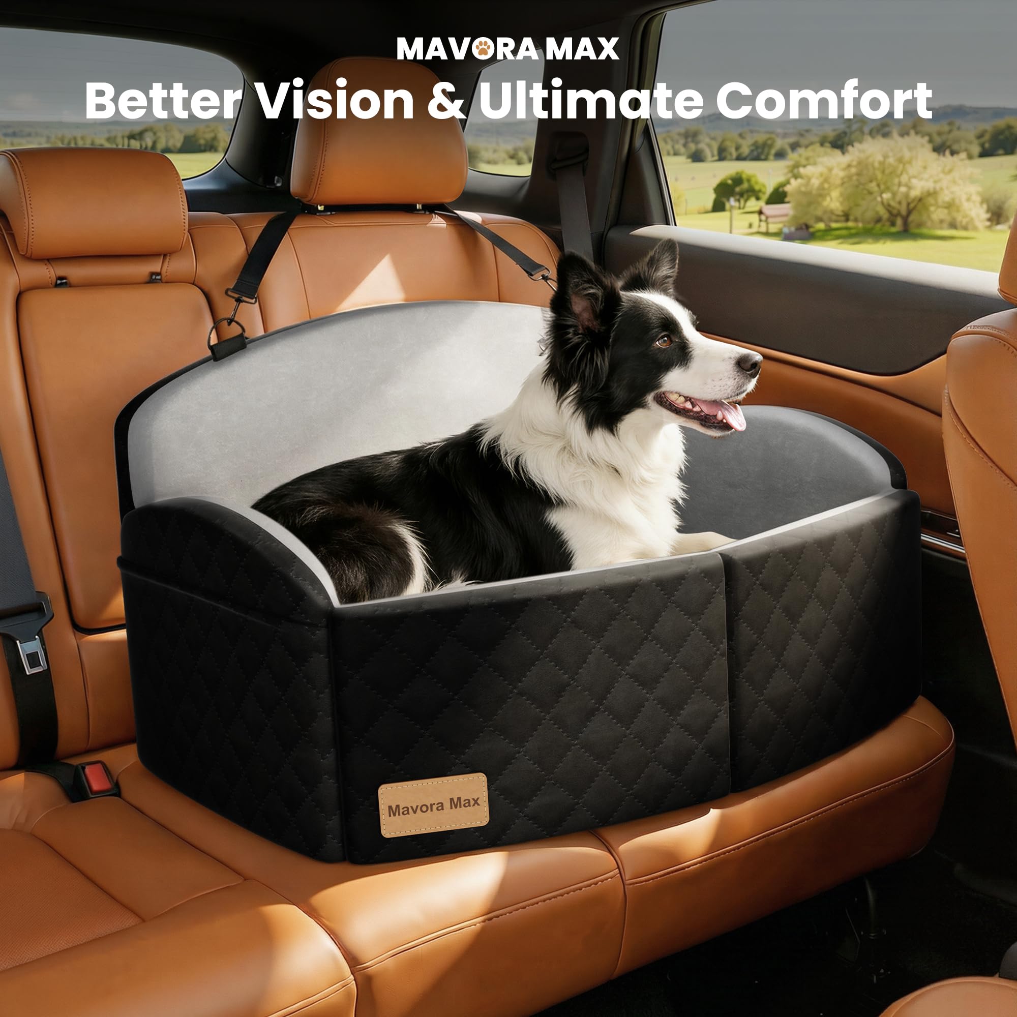 Dog Car Seat for Medium/Large Dogs, Memory Foam Dog Booster Seat with Thick Cushion up to 55 lbs or 2 Small Dogs, Travel Pet Car Seat with Detachable Washable Cover, 2 Safety Leashes (Black/Grey) - image 2