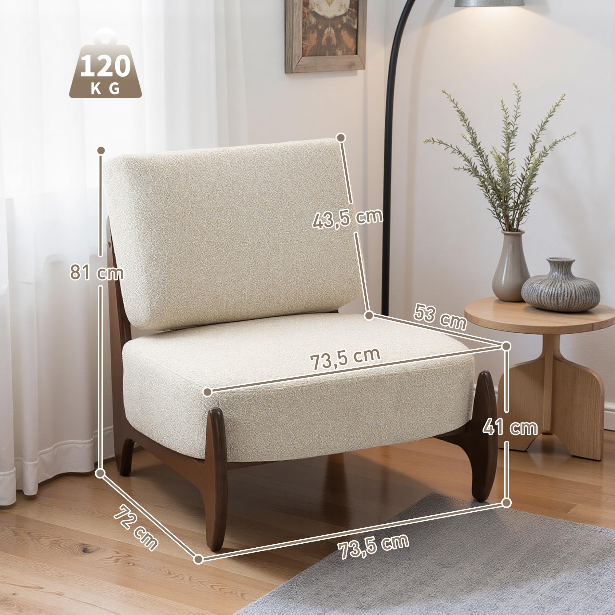 HOMCOM Fauteuil Salon en Chenille, Fauteuil Chambre Confortable Moderne avec Coussin épais, Assise rembourrée et Pieds en Bois d'hévéa, Chaise de Salon, Coins Lecture, Bureau à Domicile, crème