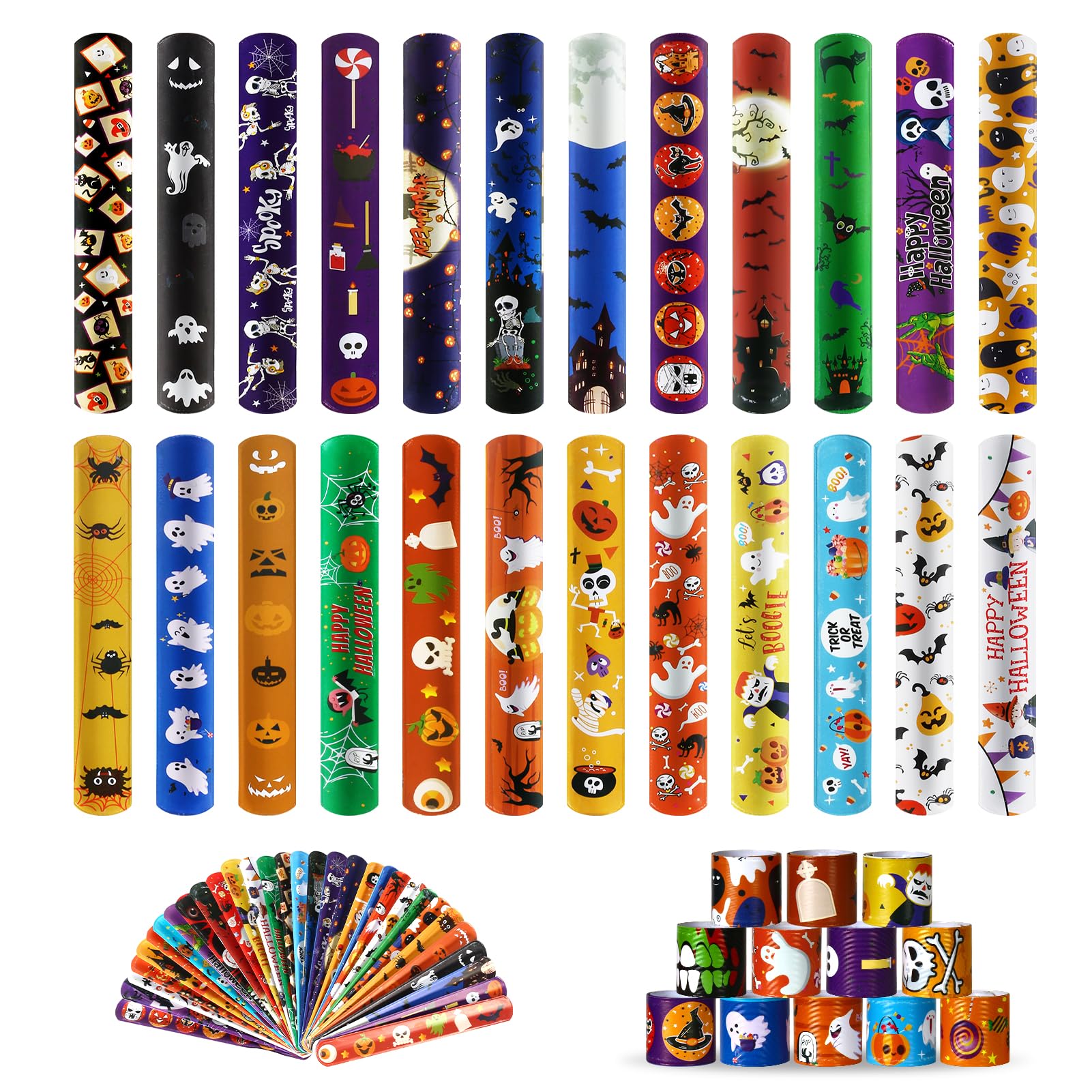 Halloween Slap Bracelet For Kids,48Pcs Halloween Party Favors, Halloween Decorations Gifts Bracelet Decorations Outdoor, Halloween Prizes Snap Bracelets Bulk Decor,Halloween Favors for Kids,Boys,Girls