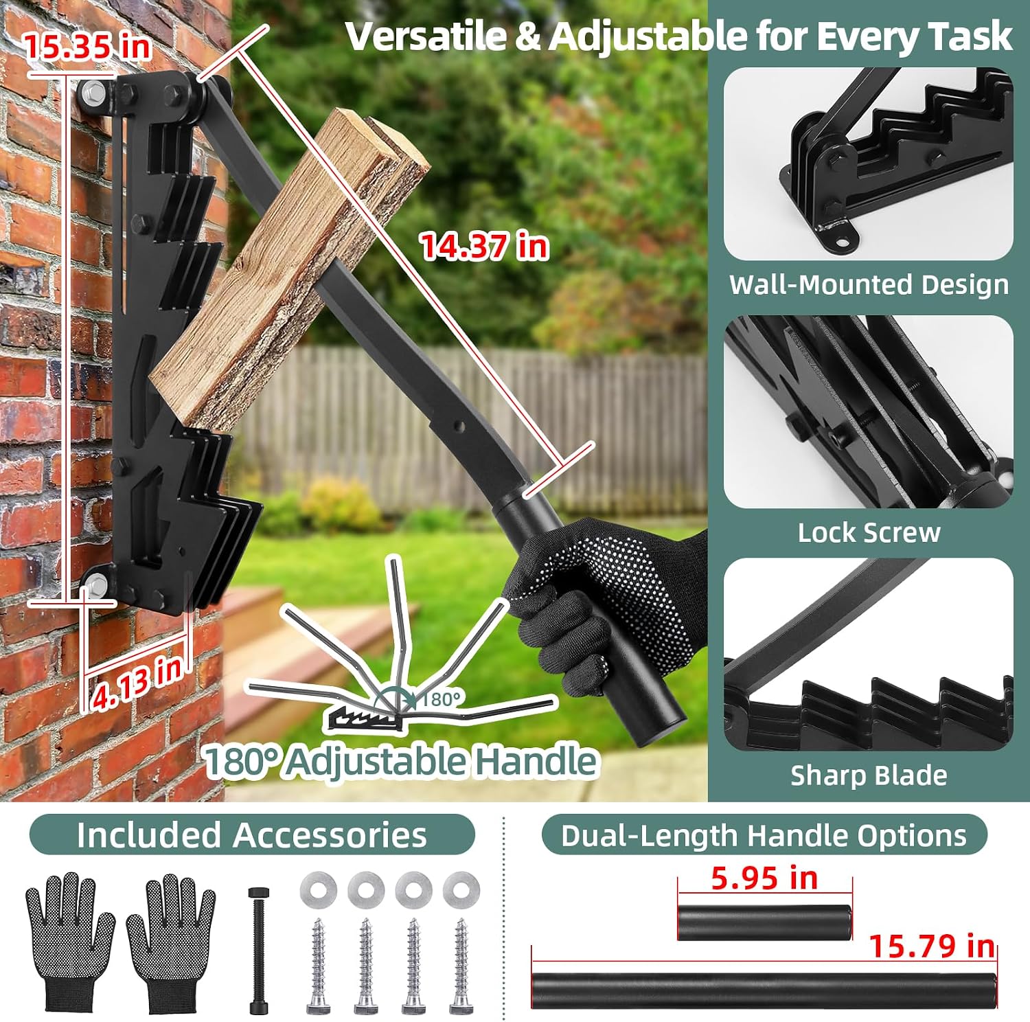 Wall Mounted Wood Splitter: Dual-Handle Manual Kindling Splitter with 6-Tooth Clamping, Heavy Duty Steel Log Splitter for Soft Firewood, Includes Gloves and Screws for Indoor and Outdoor Use