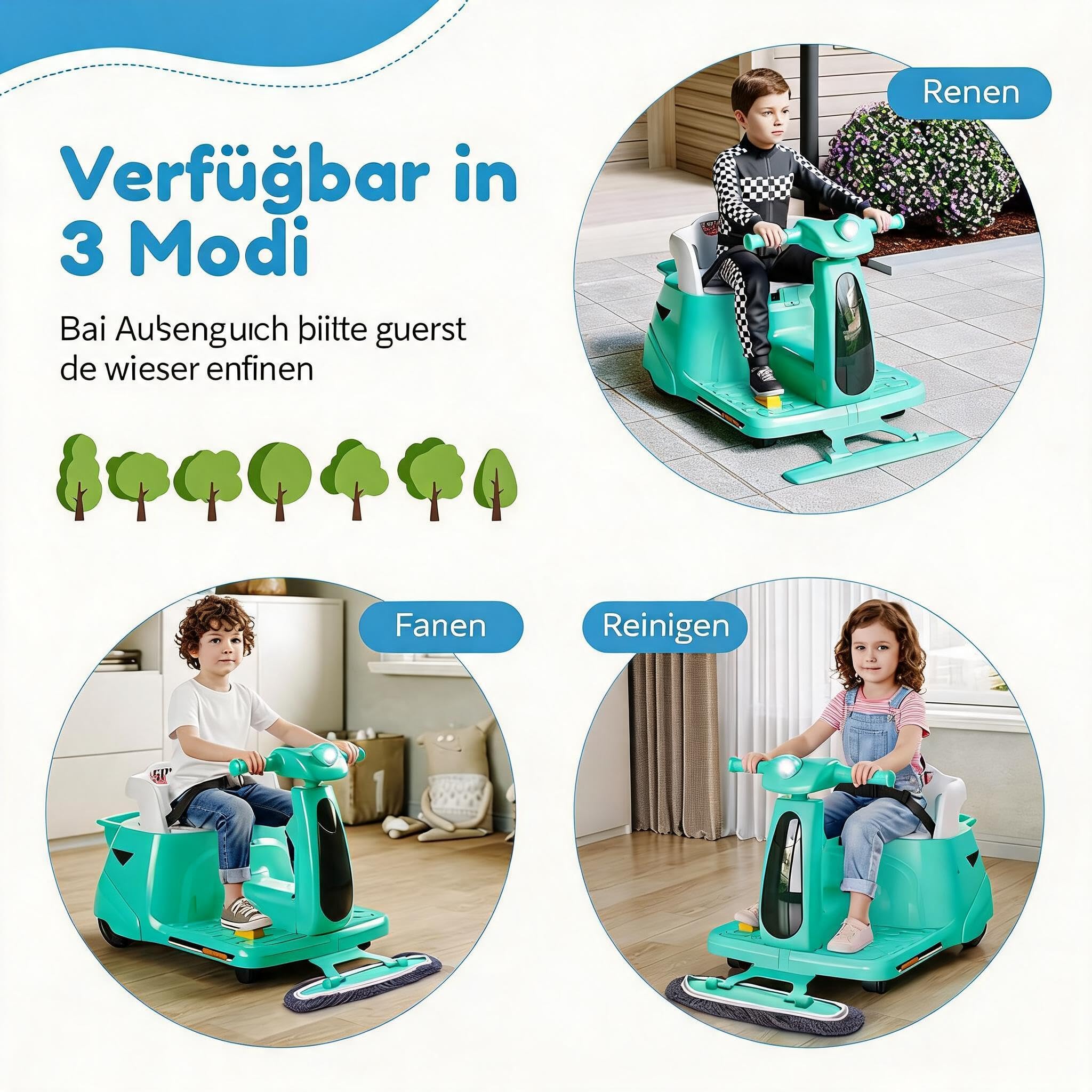 GarveeHome Kinder Elektroauto 12V 2-in-1 Mit Putzfunktion & Fernbedienung, Bluetooth, USB, LED-Lichtern, Grün