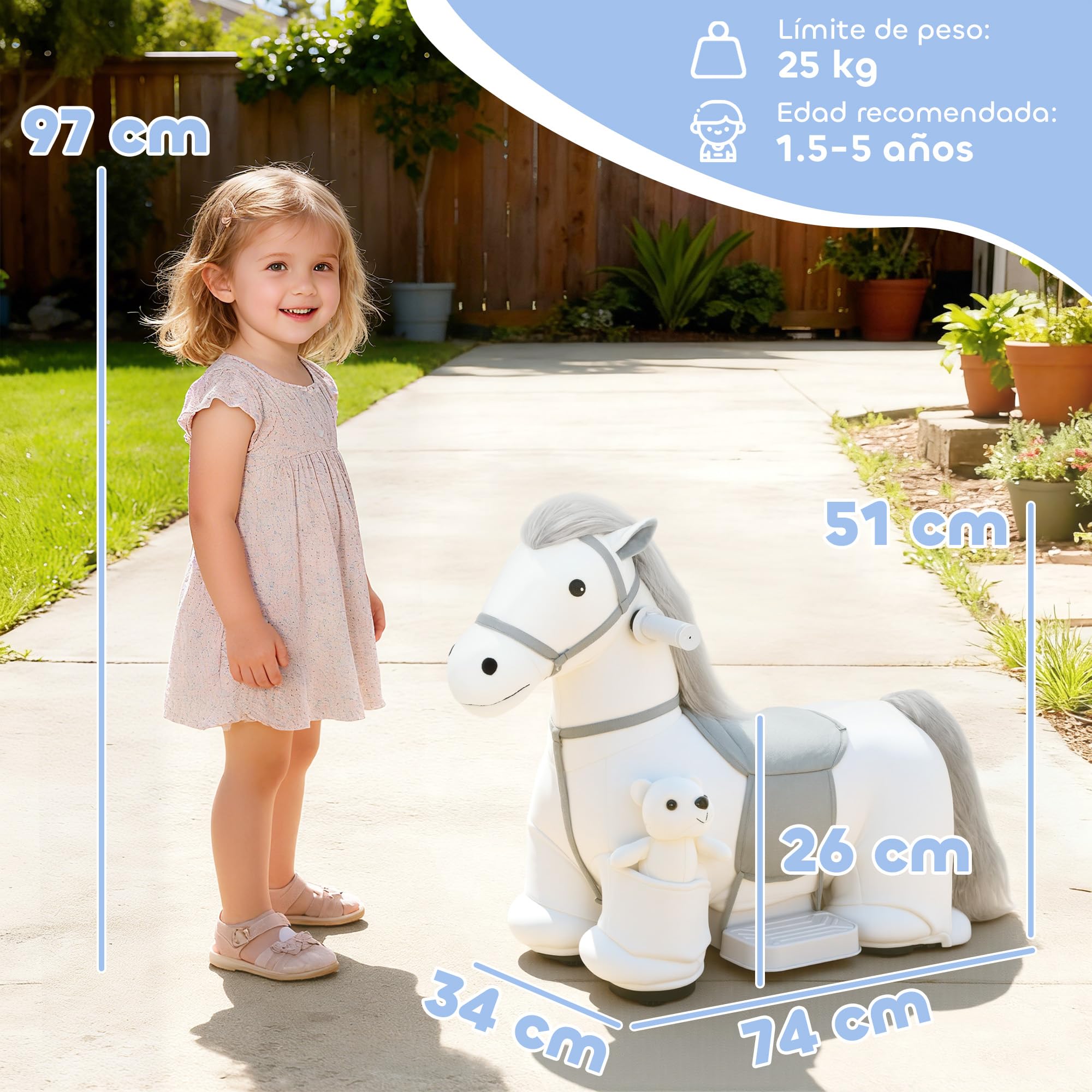 AIYAPLAY Caballito Eléctrico con Música, Batería 6V, Caballo de Juguete Eléctrico, Tacto Suave, Ruedas Silenciosas de PU, Marcha Adelante, Regalo para Niños y Niñas de 1,5 a 5 Años, Blanco