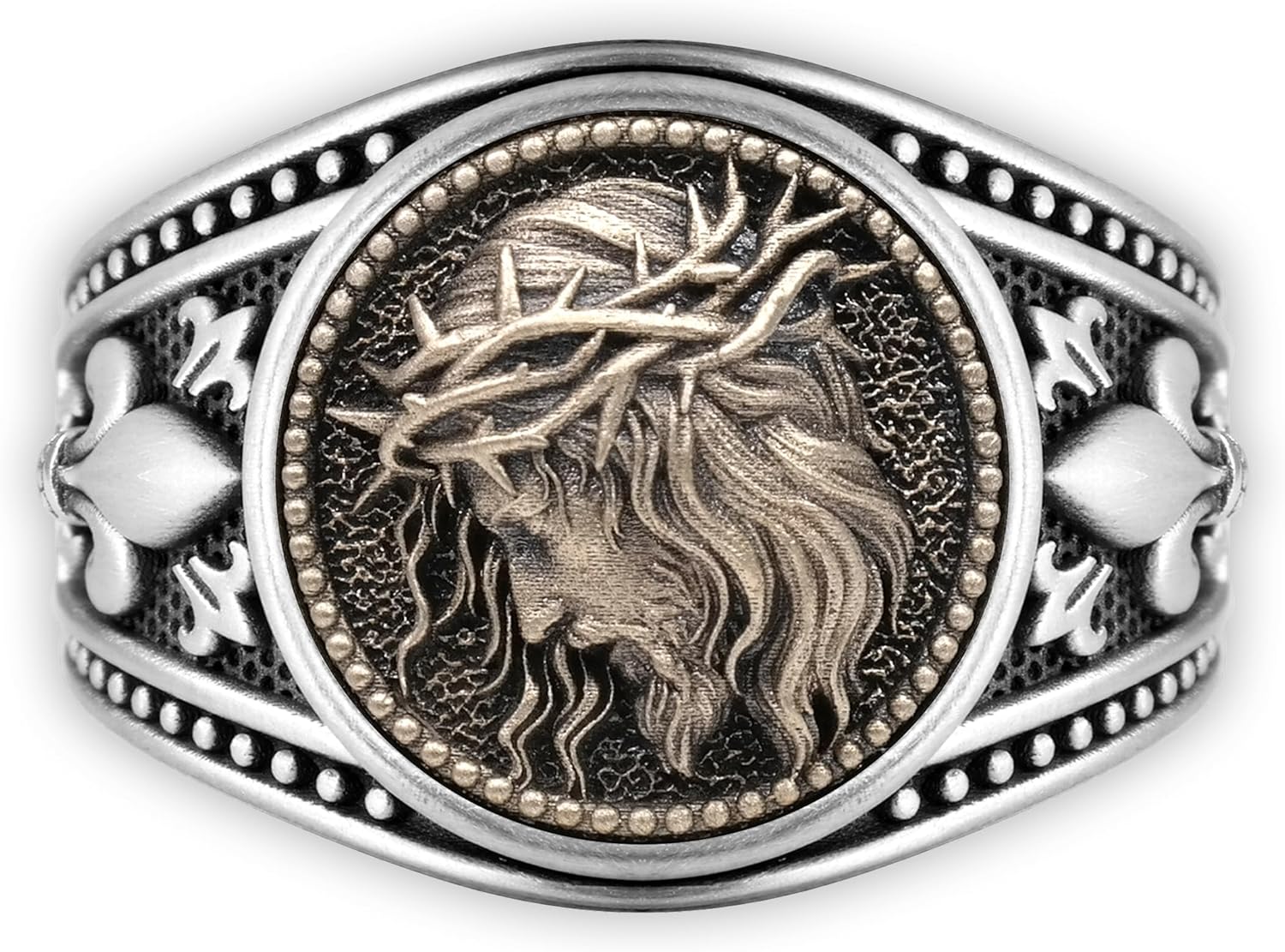 crucifix Jesus ring with Christ face looking down, men’s signet rings silver or bronze Christian icon, Fleur De Lis Ringside view, Premium quality (Jesus face looking down)