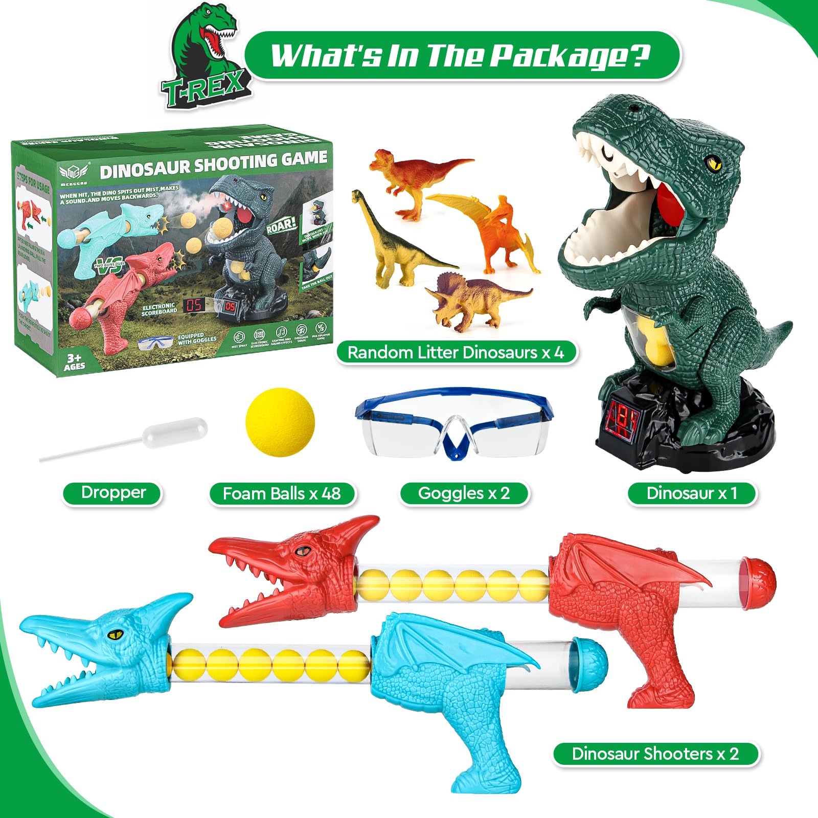 Giocattolo spara-Dinosauri Mobile, Gioco di tiro ai Dinosauri con 2 Pompe ad Aria per Bambini & Giochi di tiro ai bersagli di Dinosauri con Palline di Schiuma per Ragazzi e Ragazze