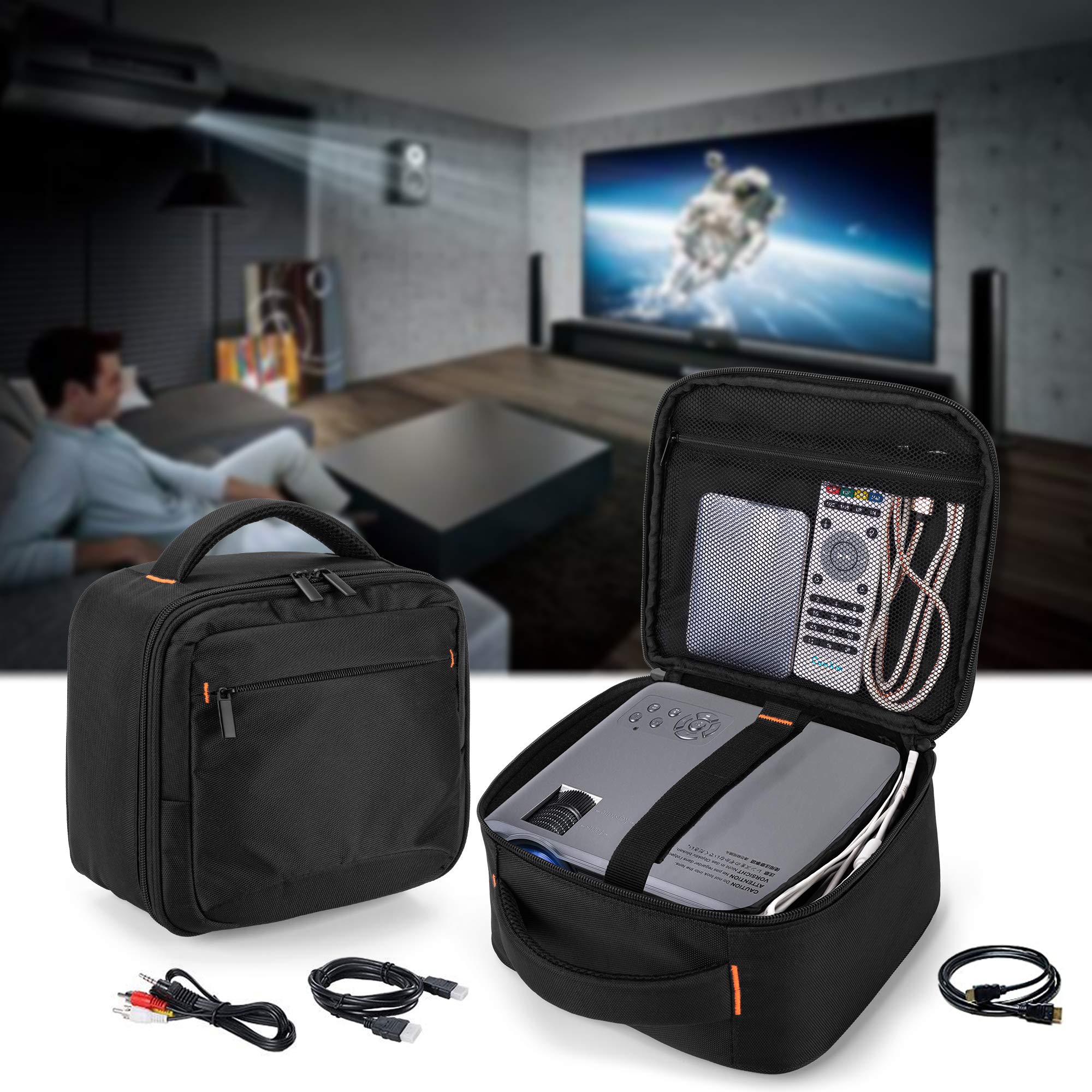 CURMIO Sacoche pour Mini Vidéoprojecteur, Sac de Rangement Projecteur, Noir | Sangle de Fixation, Poche Accessoires, Poignée de Transport, pour Réunions d'Affaires/ Voyages/ Fêtes/ Événements, Sac Vide
