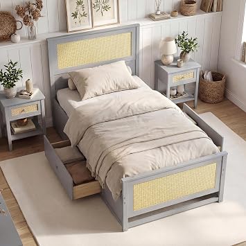 KOMFOTT Twin Rattan Bed Frame with 2 Storage Drawers, Boho Wooden Platform Bed with Rattan Woven Headboard & Footboard, Mattress Foundation with Wooden Slat Support, No Box Spring Needed Grey