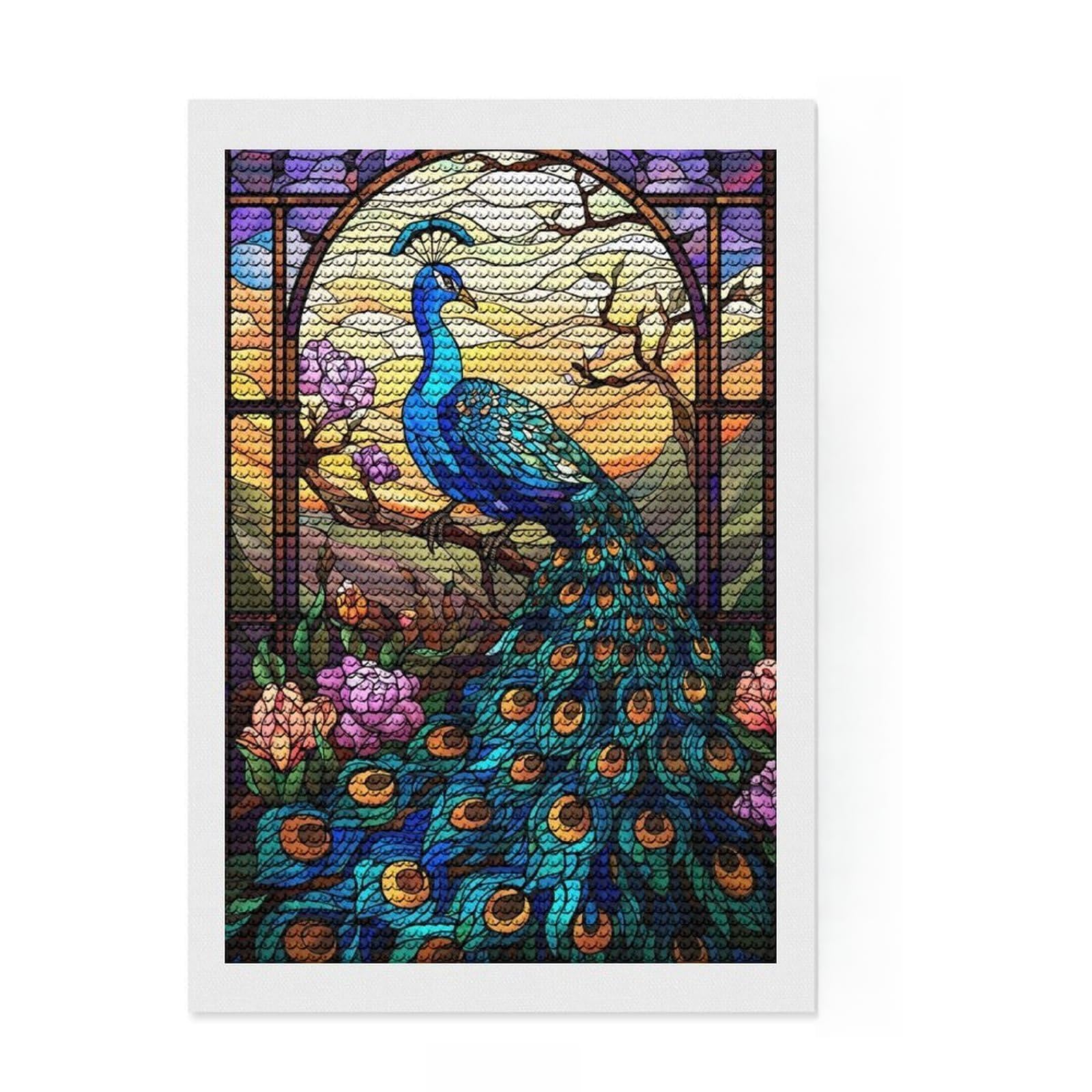 Junmoney Peacock Stained Glass Round Drill Diamond Painting 8"x12", Printed Canvas, Office Decor, for Family Craft Time, Holiday Gift Idea