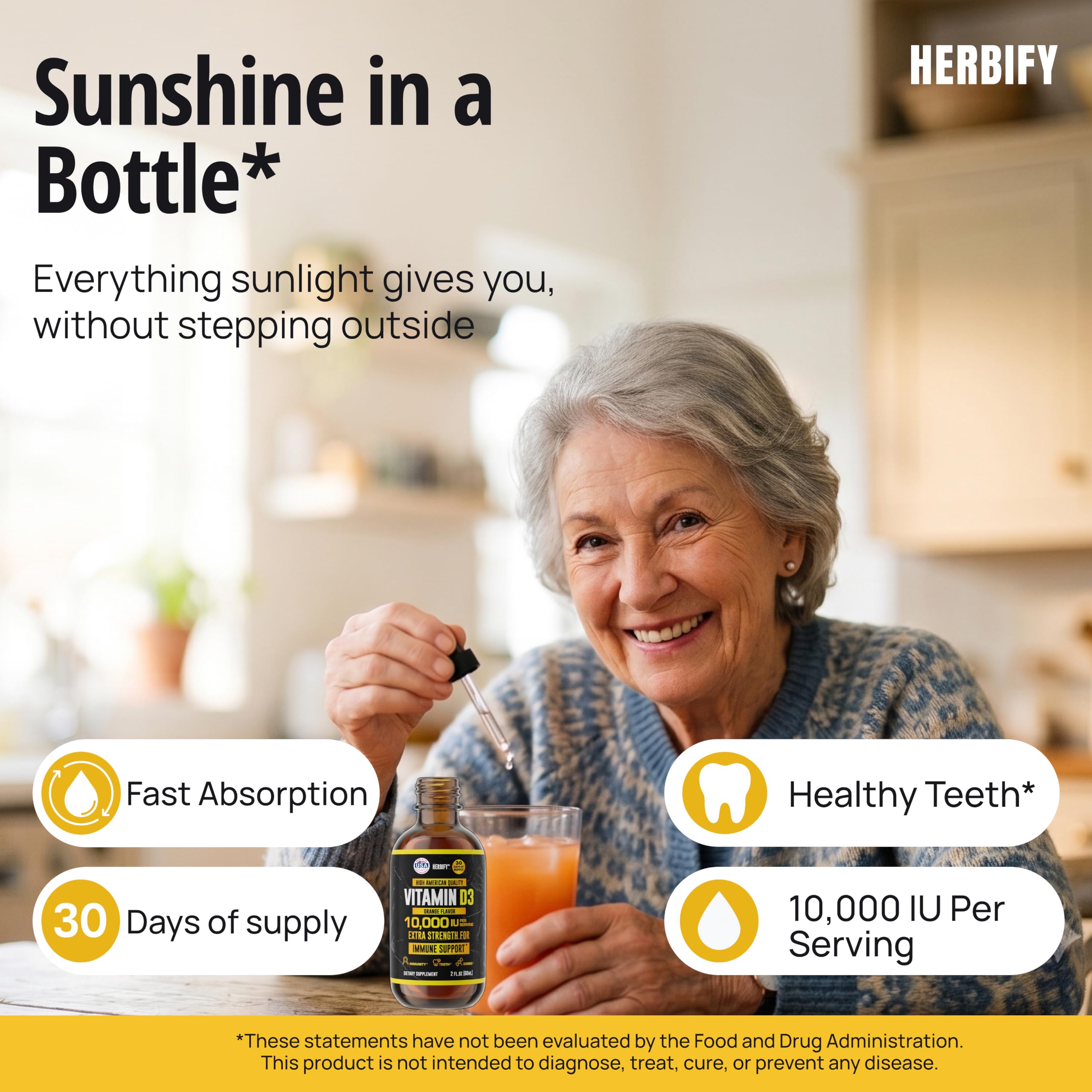 HERBIFY Vitamin D3 10000 IU - Made in USA Liquid Vitamin D Drops - Bone and Immune Support Supplement - Sunshine Replacement - D3 Vitamin Bone and Teeth Supplement - Orange Flavor - 2 Oz — Amazon image 2