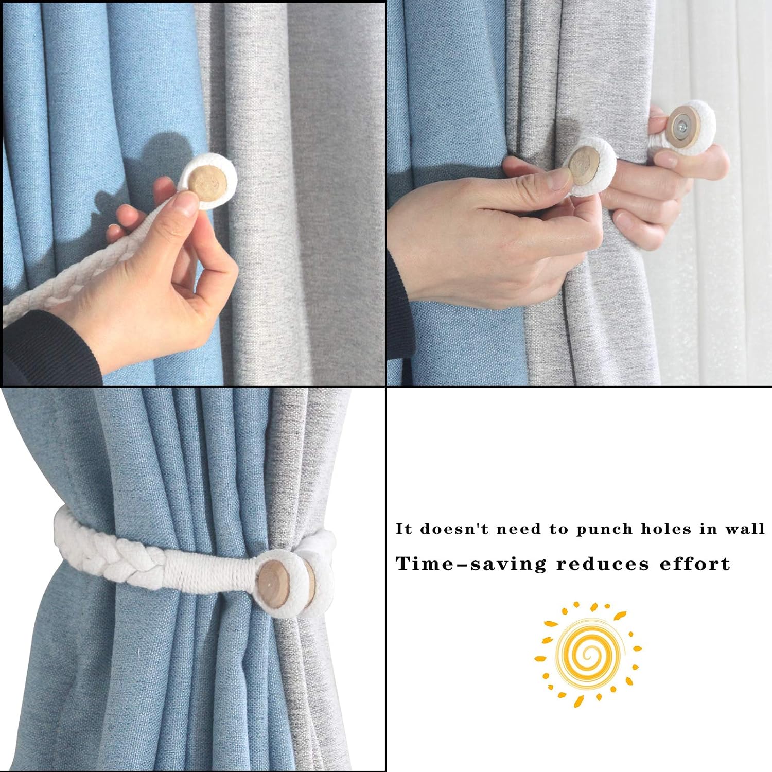 Magnetic Soft Curtain Tiebacks Rope Cotton Window Curtain Holdbacks Porlau | 4 Pack White Decorative Hand-Woven Tie Backs with Wooden Buckle for Home Office Decor