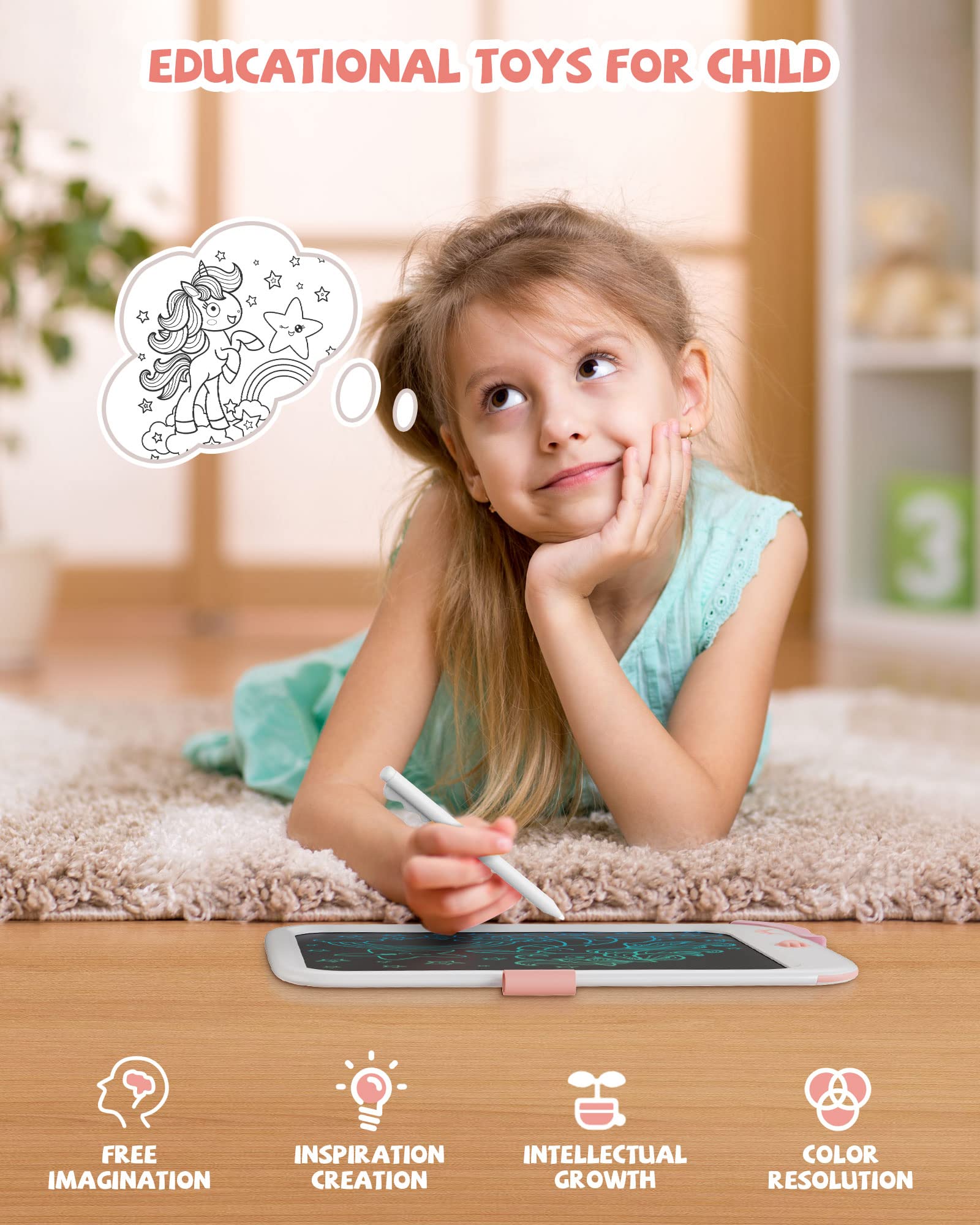Lavagna LCD giocattolo unicorno per bambini, 10 pollici, blocco da disegno con funzione di blocco, portatile, regalo educativo per bambini da 3, 4, 5, 6, 7 anni (Bianco)