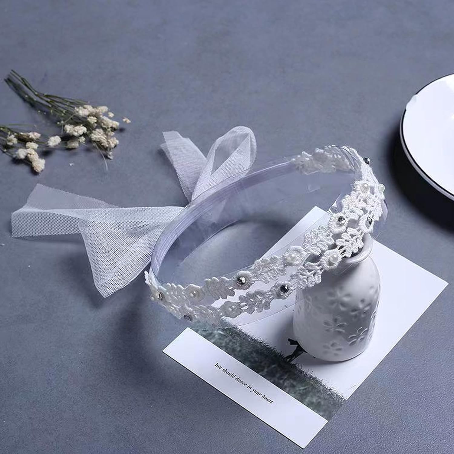 1 Pcs Double-layer Elegant White Flower Christening Headbands for Baby Girl, Elastic Soft Lace with Cute Tulle Pearl Hair Strap, Stretchy Baptism Halo for Pure Newborns Infants Toddlers