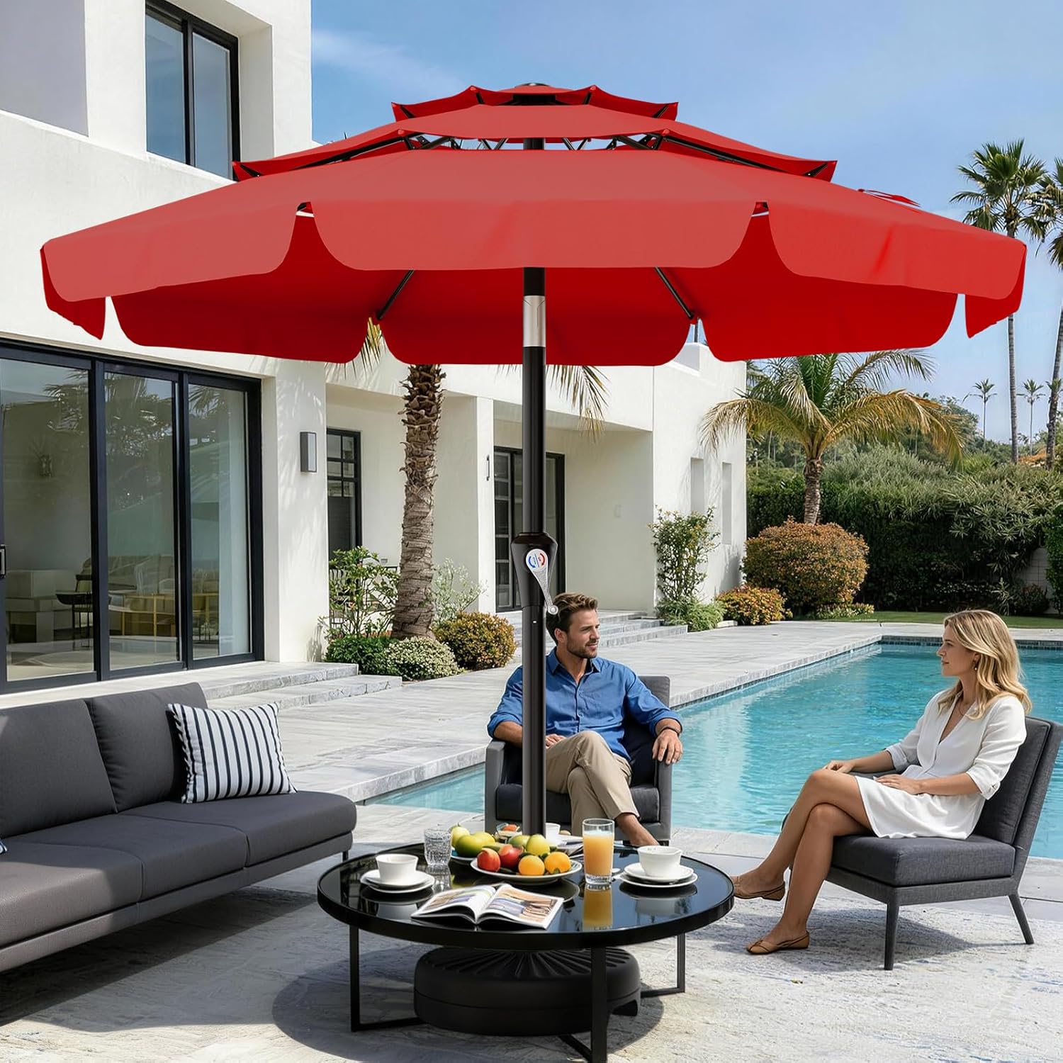 AreShark 10FT 3-Tiers Patio Umbrella with Valance, Outdoor Umbrellas with Crank/Tilt, Table Market Umbrella Vented w/ 8 Sturdy Ribs for Garden, Deck, Backyard, and Pool, Red