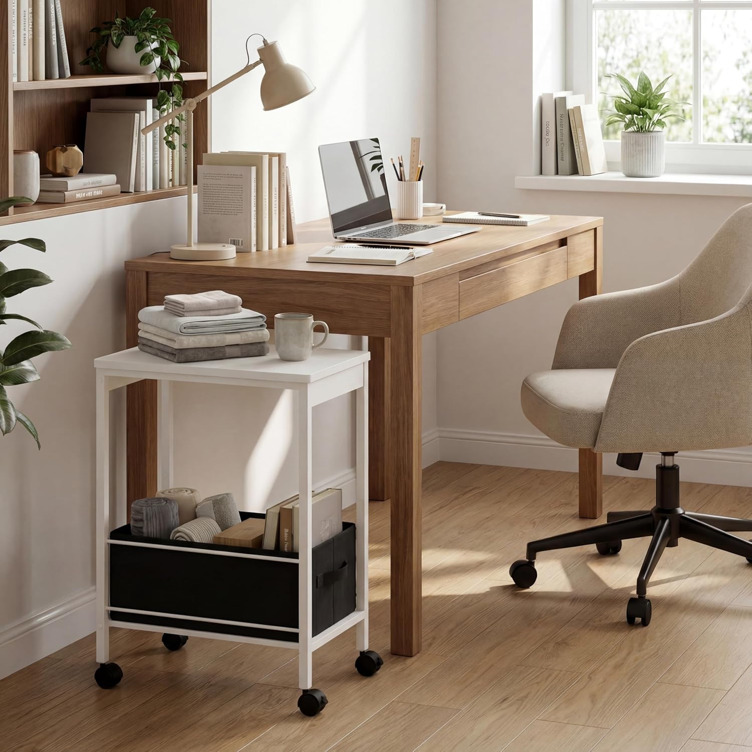 Rolling Side Table with Storage Basket, Narrow End Table on Wheels, Small Mobile Nightstand for Bedroom, Living Room, Dorm, Office, White