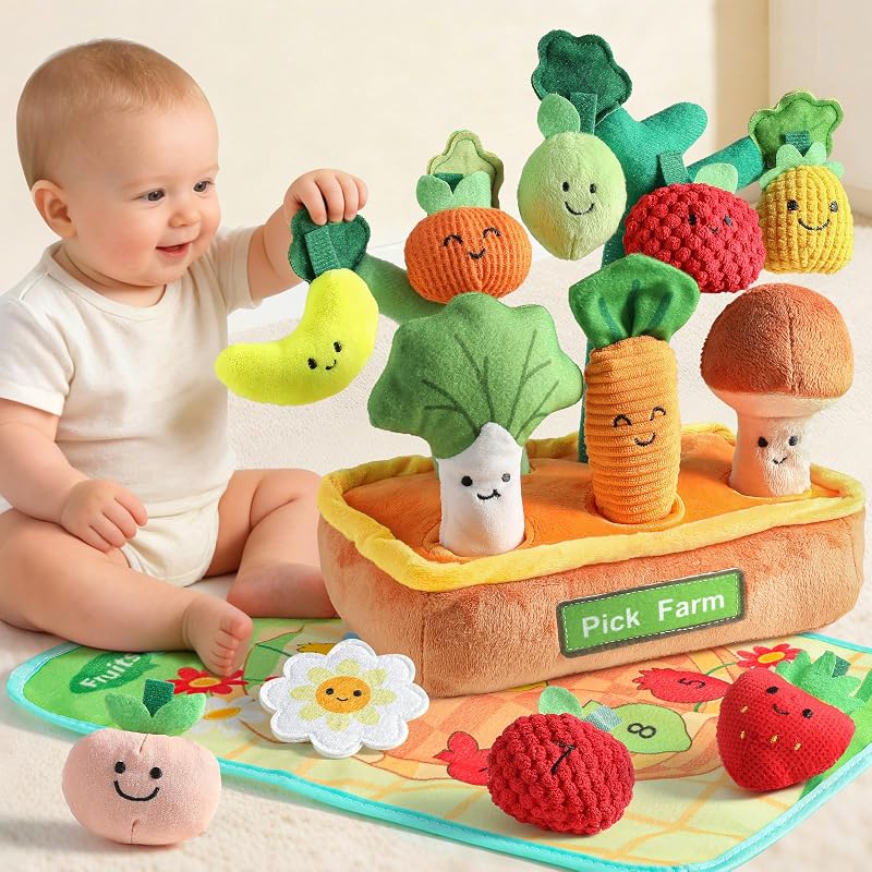 Mini Tudou Jouet Bebe 6 Mois,15 Pièces Froissement et Hochet Fruit Légume Peluche Jouets, Apprentissage Jouet Sensoriel Cadeau Bebe 1 an Garçon Fille, Ensemble d'association de Couleurs et de Formes