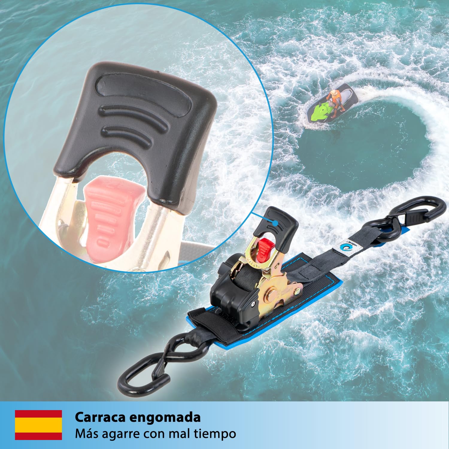 valonic Racoon - 2X 1,8m eslingas automáticas con carraca y Gancho, 25mm, 300/600 Kg, Acolchado, EN-12195-2 - cinchas de Amarre con trinquete, para Sup Board o Moto, Negro