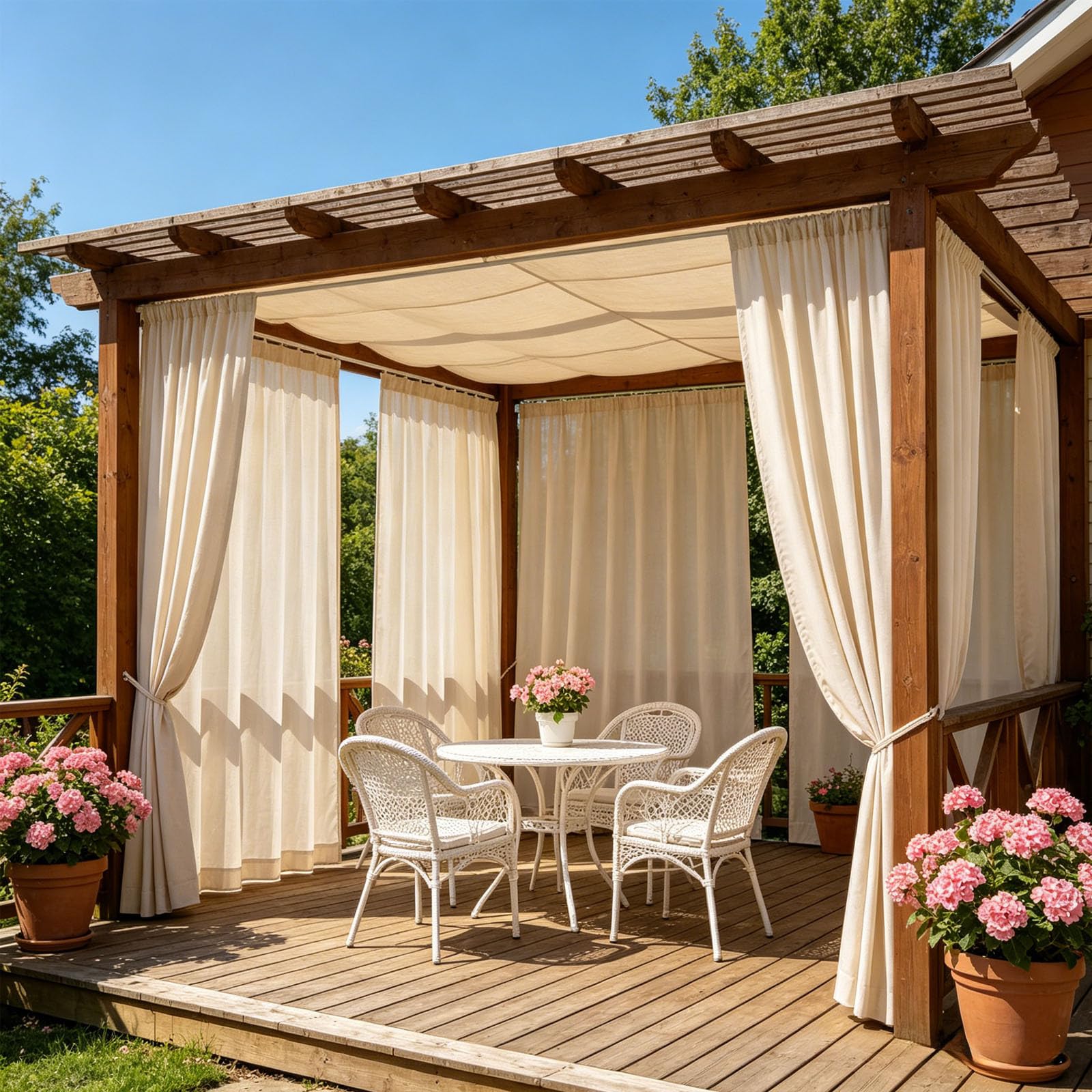 Outdoor Sheer Curtains for Patio, 4 Panels Waterproof Light Filtering Voile Outside Curtains Screen Mesh Net Privacy Drapes Rod Pocket for Front Porch, Gazebo,98.43x62.99in (Champagne)