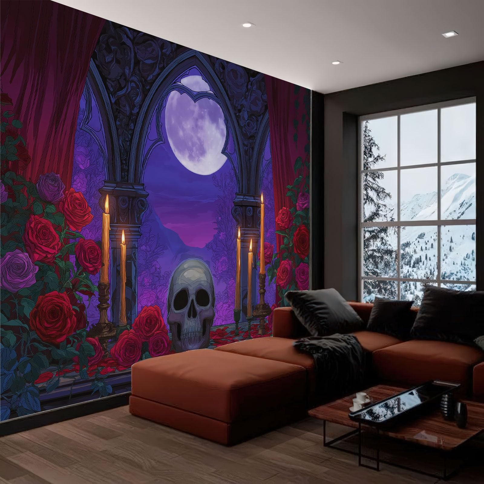 Gotycki łuk, czaszka, kwiaty, fototapeta, 350 x 256 cm, flizelina, sztuka fantasy, sztuka ścienna mural do salonu, telewizora, sofy, hotelu, korytarza, tapeta ścienna, obraz