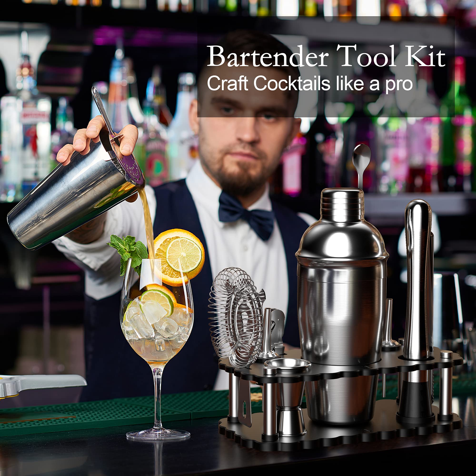 Bartender Kit – Set da 11 pezzi per cocktail con supporto – Set di strumenti da barra: 708,7 g Martini Shaker, Jigger, Muddler, Pinze per ghiaccio, colino, versatori di liquori, cucchiaio,