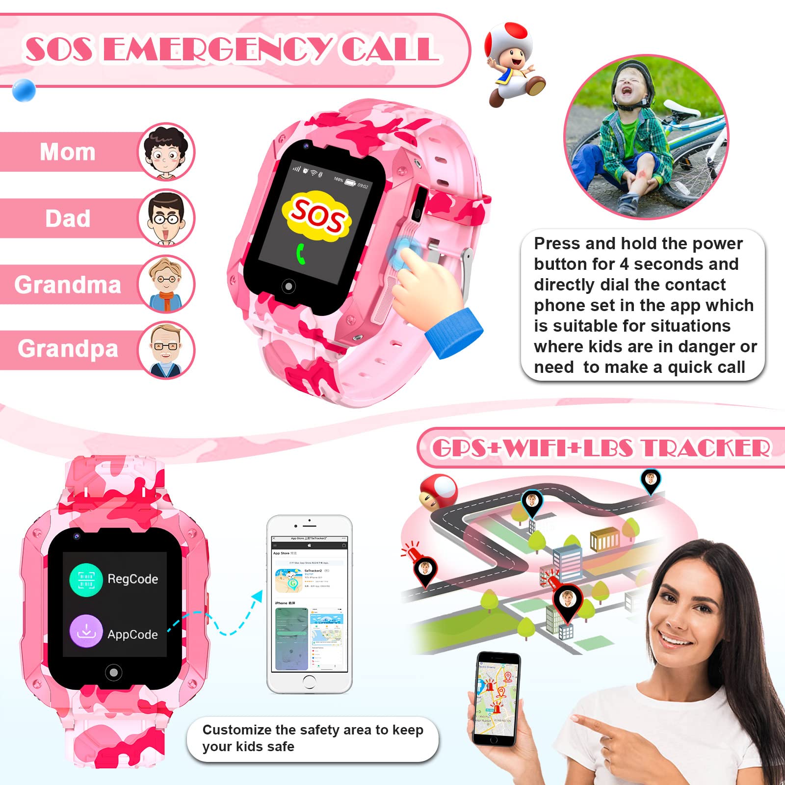 Inteligentny Zegarek LiveGo dla Dzieci, Inteligentny Zegarek 4G z Odłączaną Obudową, GPS Tracker Telefoniczna SOS dla Dzieci w wieku 4-12 lat Studenci Prezenty Urodzinowe Dzień Szkolny(T28 Różowy)
